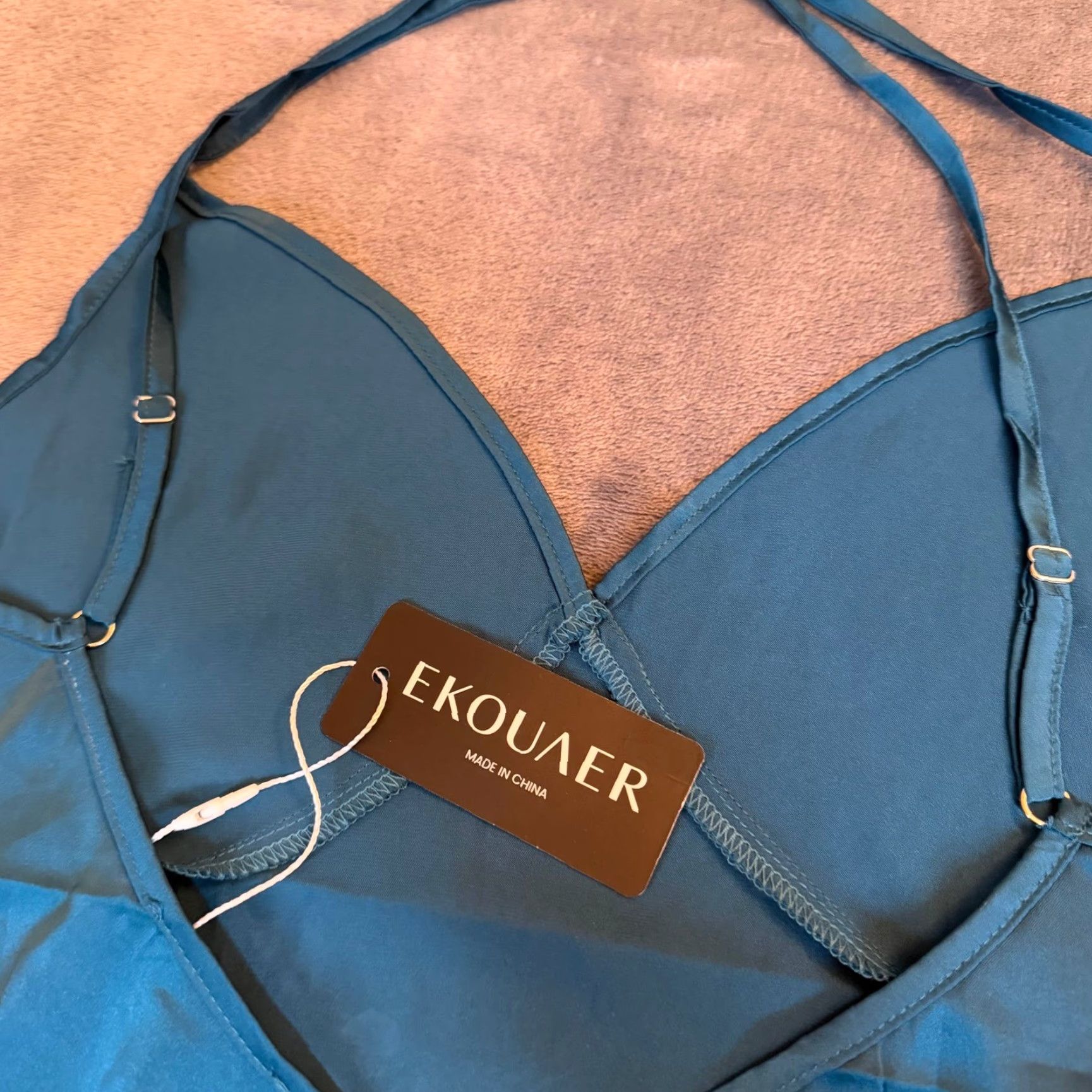 Vintage EKOUAER Teal Satin Slip Dress Mini V-Neck Strappy Sleeve Adjustable Straps Womens Medium NWT Vest? Size M / US 6-8 / IT 42-44 - 2 Thumbnail