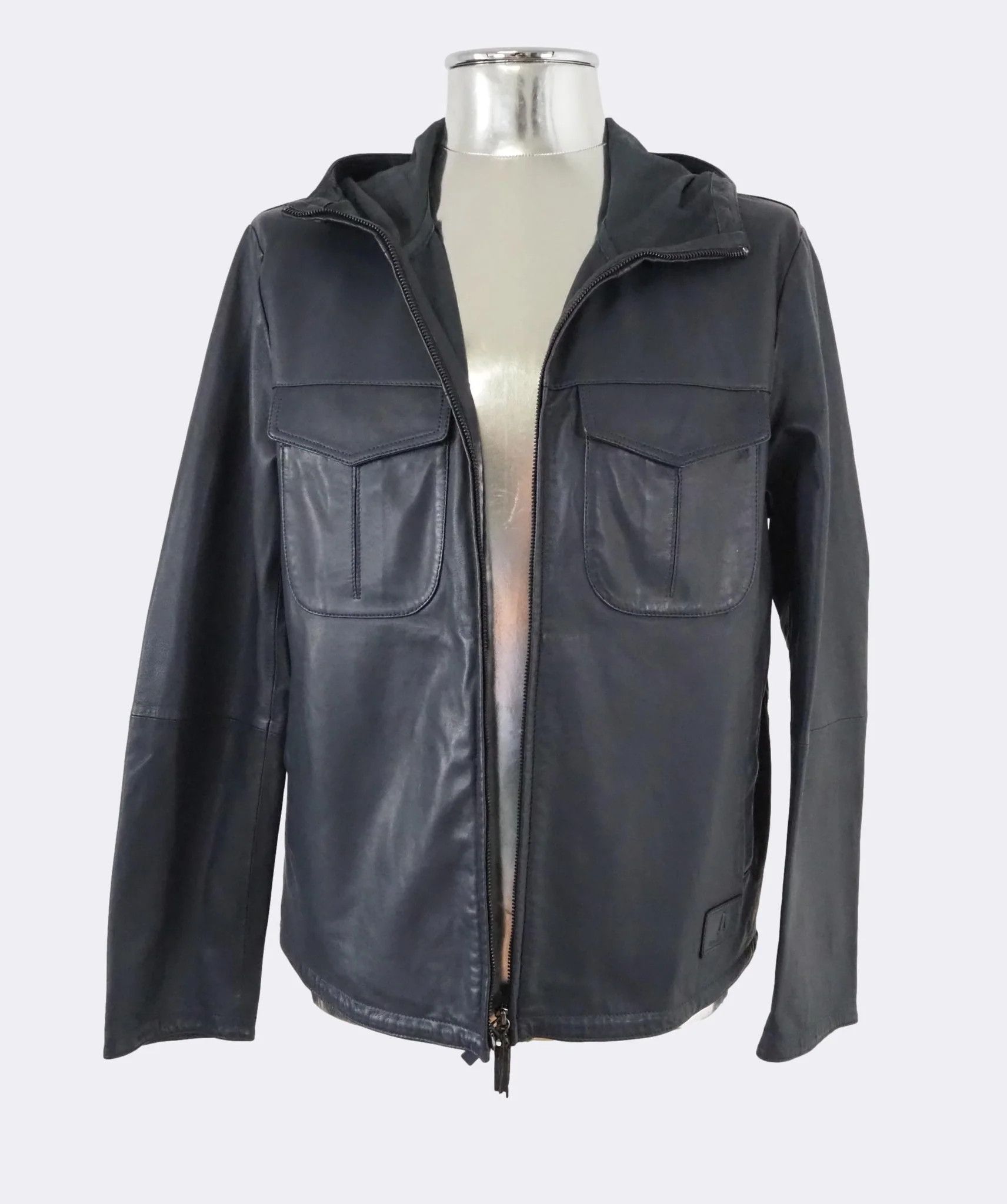 Emporio Armani Dark Blue Hooded Zip-Front Leather Jacket $1175 Size US M / EU 48-50 / 2 - 12 Thumbnail