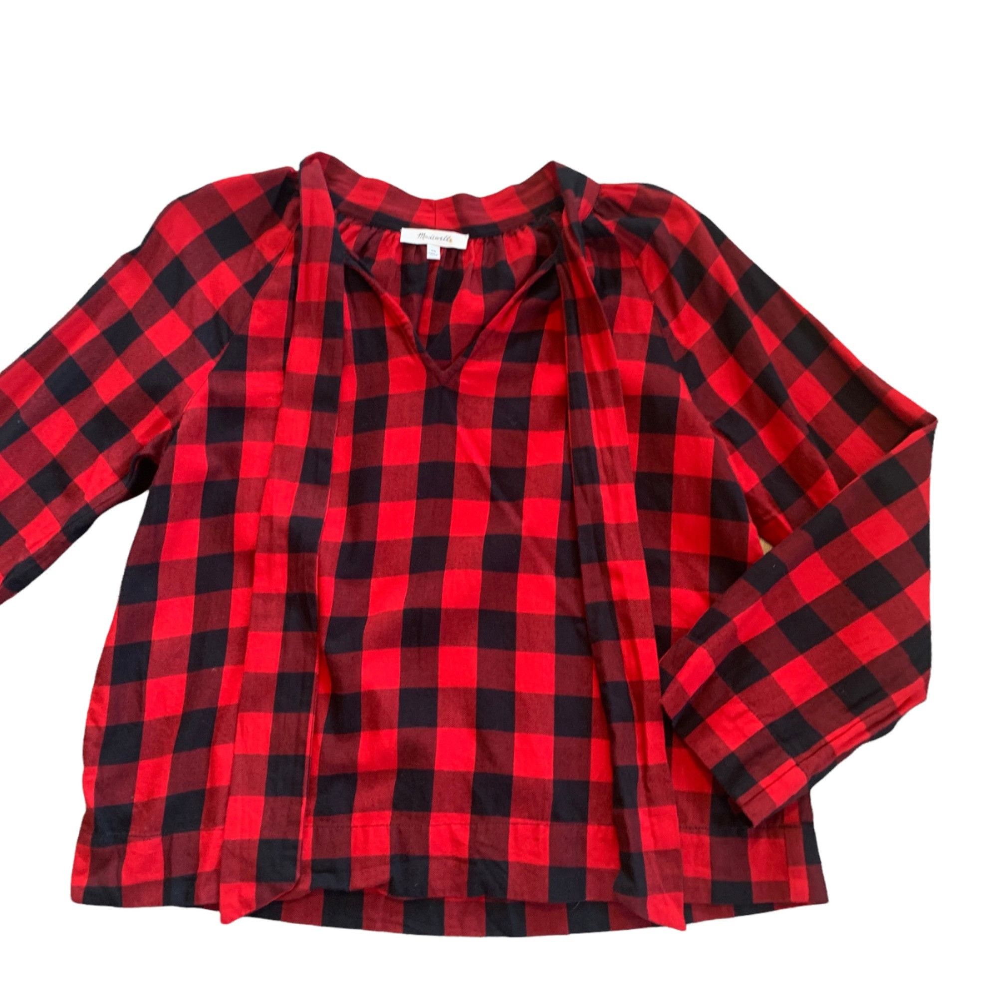 Madewell Madewell Buffalo Checked Tie Neck Red & Black Top XS Size XS / US 0-2 / IT 36-38 - 2 Thumbnail