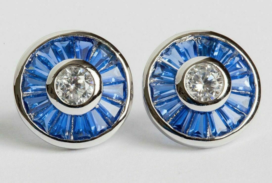 Designer Blue Baguette and Clear Cubic Zirconia Silver Earrings Size ONE SIZE - 1 Thumbnail
