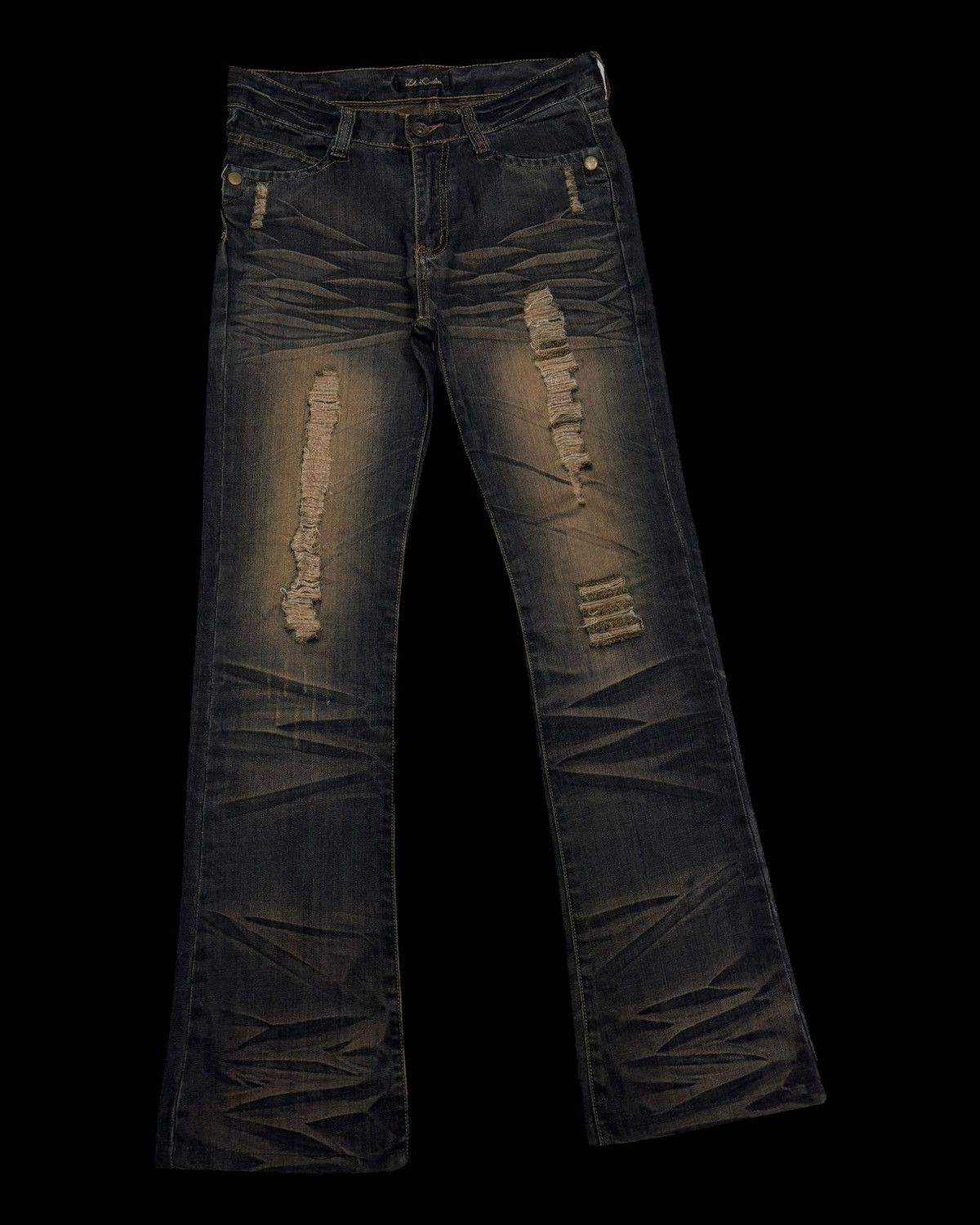 14th Addiction × KMRii × Yasuyuki Ishii 🔥FLARE JEANS WHISKER BLACK CROWN CLAW MARK DISTRESS JEAN Size US 32 / EU 48 - 9 Thumbnail