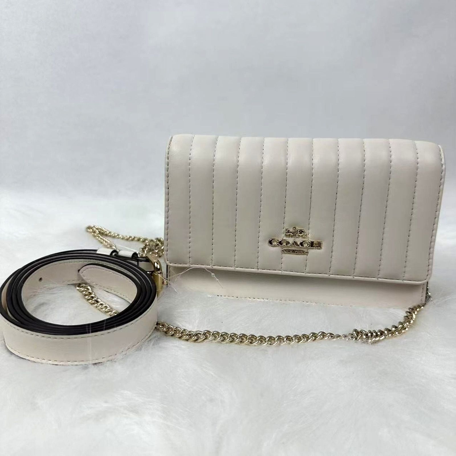 Coach Flap Belt Bag Linear Quilting Shoulder Crossbody Chalk in White, Women's