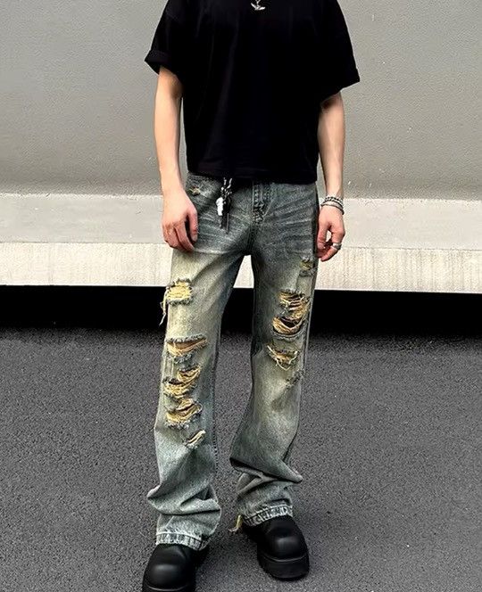Japanese Brand Washed and ripped street hip-hop baggy jeans Size US 35 - 7 Thumbnail
