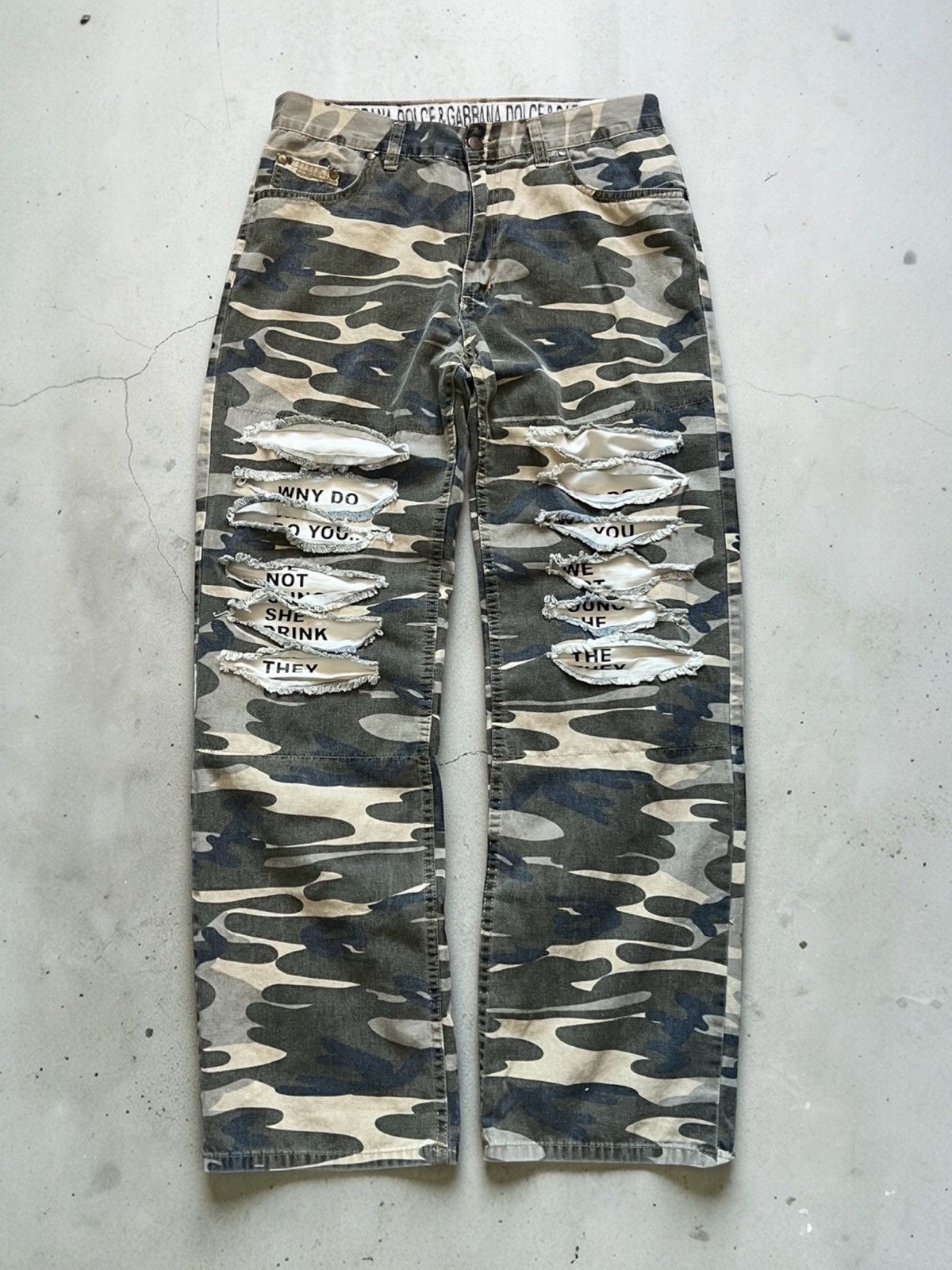 Dolce & Gabbana AW05 Distressed Poem camo pants