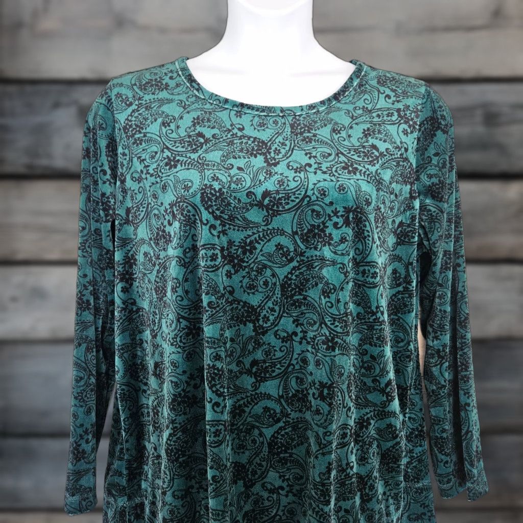 Vintage Woman Within Blouse Velvet Top Long Sleeve Paisley Green 18 Size XXL / US 16-18 / IT 52-54 - 1 Thumbnail