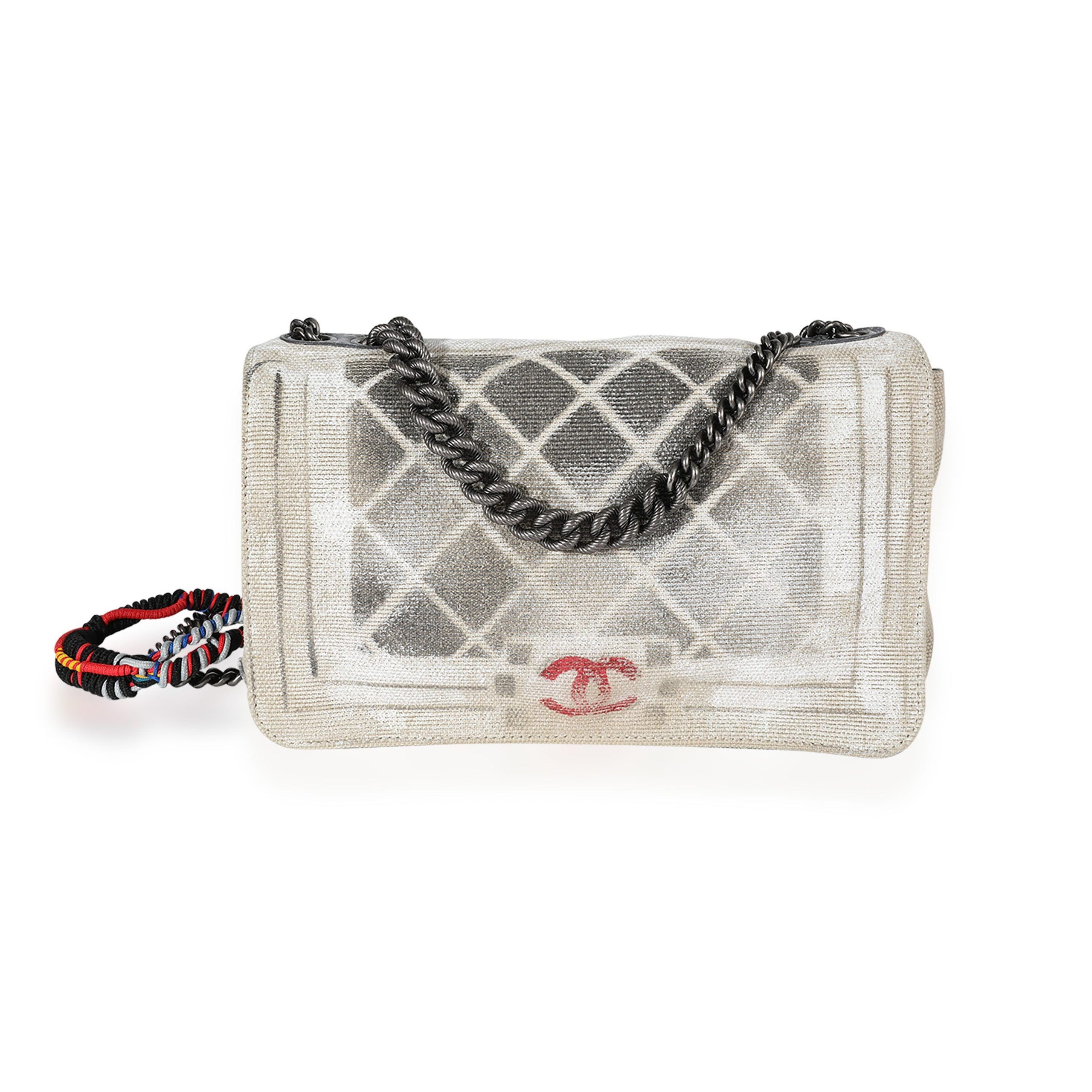 image of Chanel Art School Painted Graffiti Canvas Oh My Boy Flap Bag in Creme, Women's