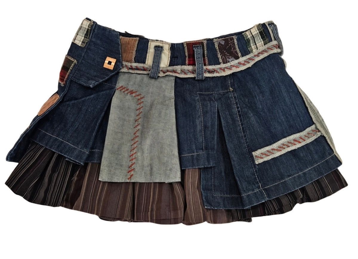 Designer × Vintage Vintage Multi-Material Layered Patchwork Denim Mini Skirt Size 28" / US 6 / IT 42 - 8 Thumbnail