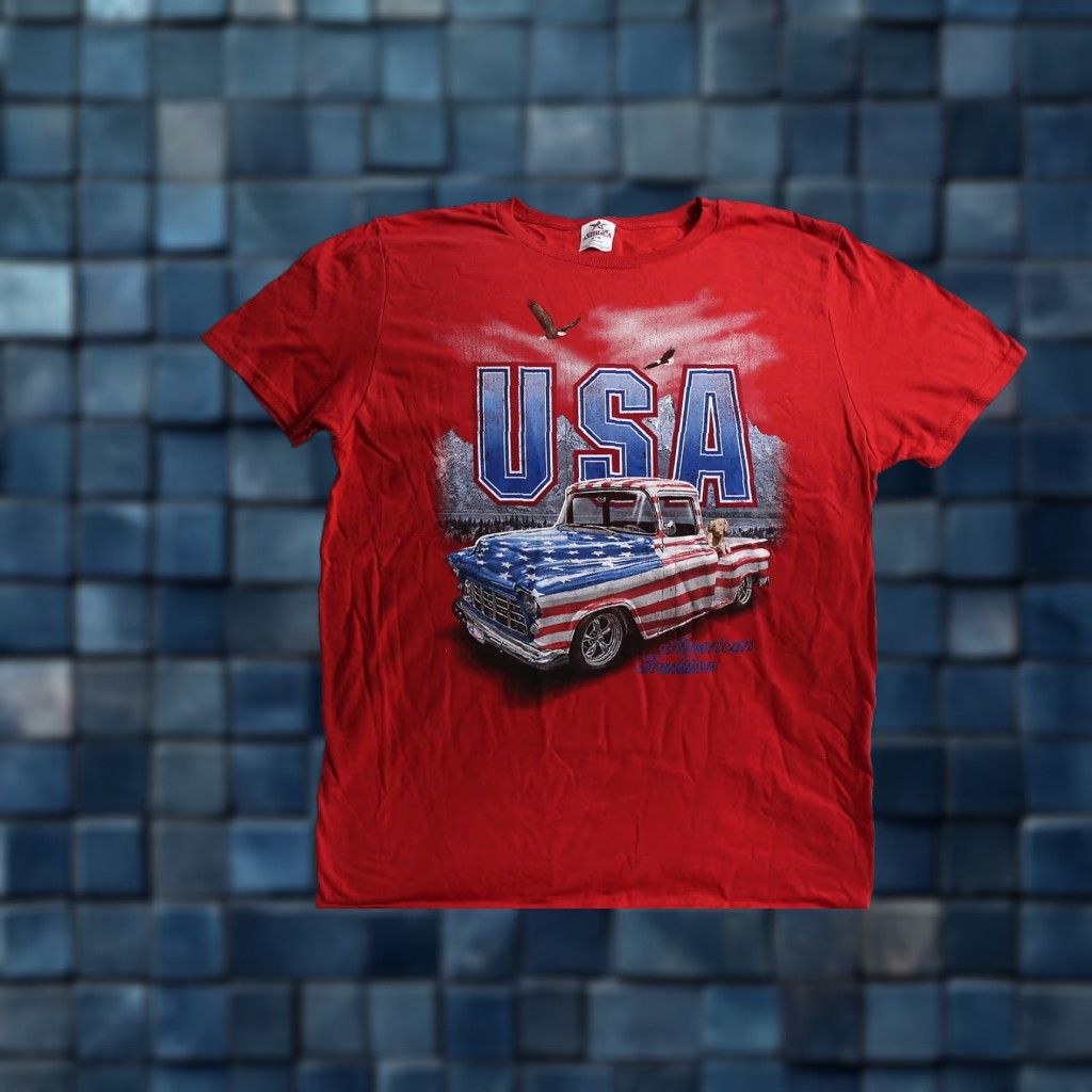 Vintage VINTAGE American Flag Pickup Truck Eagle Dog Graphic T-Shirt Men’s Medium Red Cotton Size US M / EU 48-50 / 2 - 1 Thumbnail