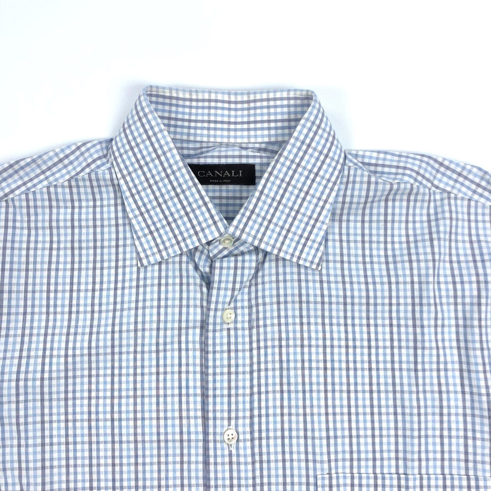 Canali Canali Dress Shirt 16 41 Blue Gray Gingham Long Sleeve Button Collar Men’s 100 Cotton Made in Italy Regular Fit Size 42R - 3 Thumbnail