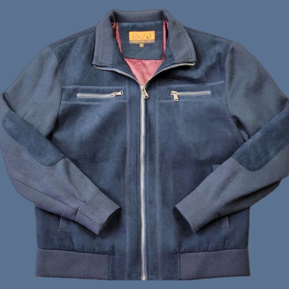 Kenzo Enzo Tovare Jacket Bomber Jacket Mens Medium Blue Faux Suede Elbow Patches Full Zip Pockets Regular Fit Casual Business Size US M / EU 48-50 / 2 - 1 Thumbnail