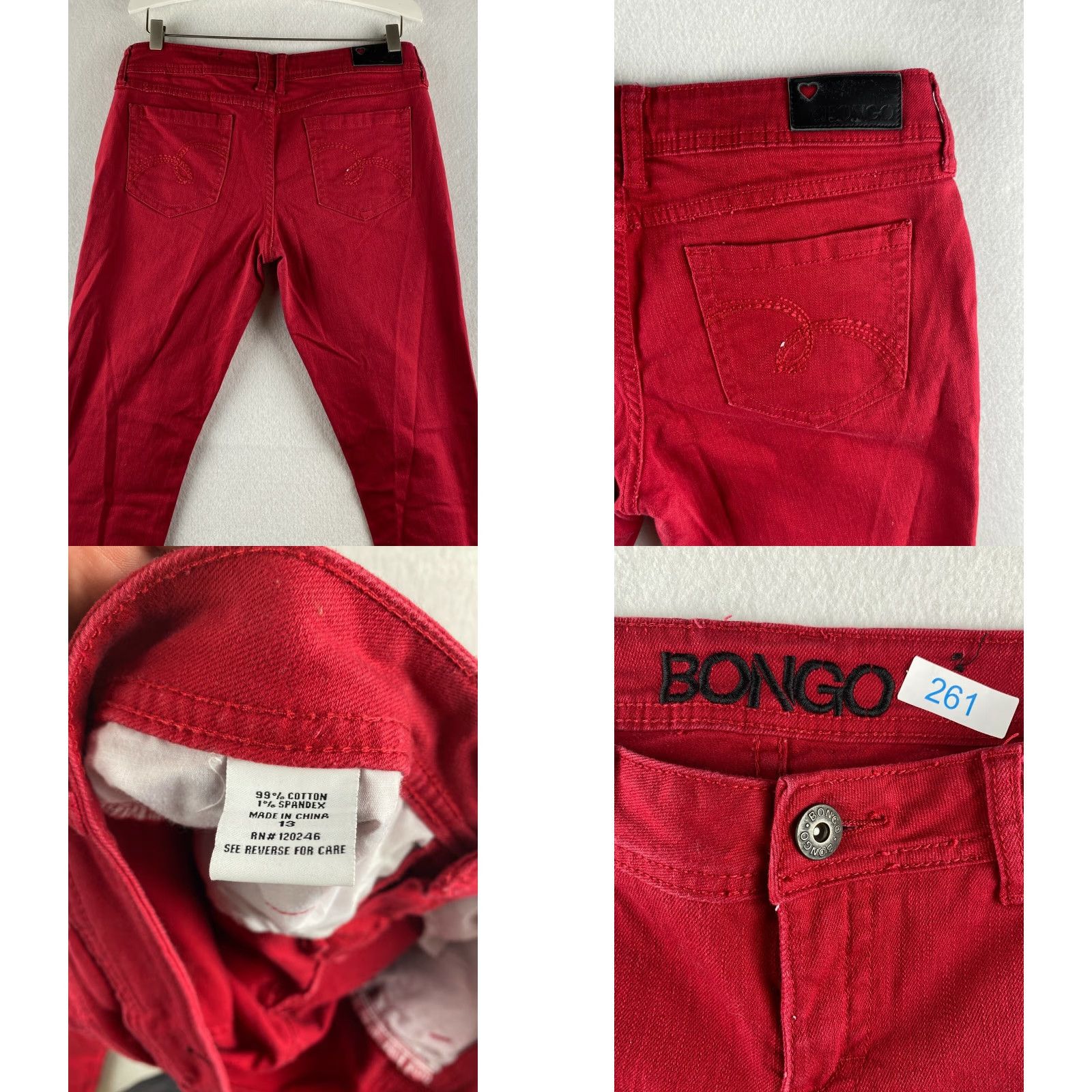 Vintage Bongo Jeans Womens 13 Red Ankle Mid-Rise Stretch Denim Pants Dark Wash Casual Size 34" / US 12 / IT 48 - 8 Thumbnail