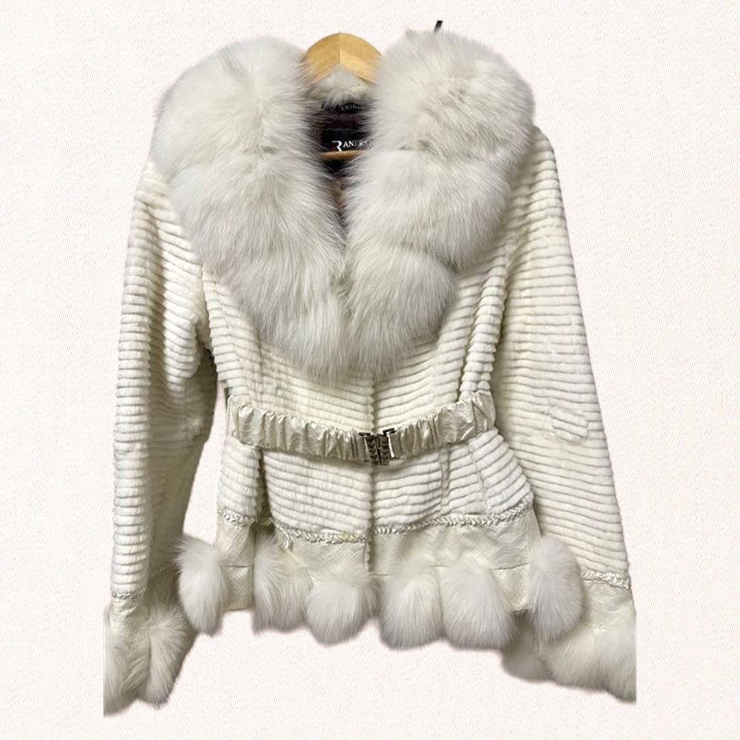 Designer white rabbit fur coat, collar is arctic fox sz S Size S / US 4 / IT 40 - 2 Thumbnail