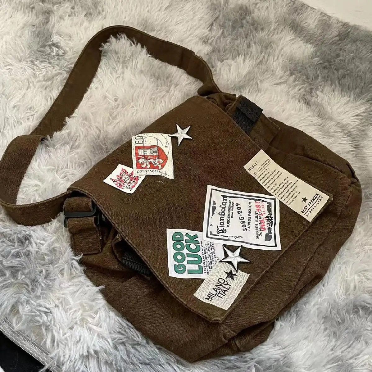 Vintage Brown Old School Style Star Patch Canvas Students School Bag Size ONE SIZE - 8 Thumbnail