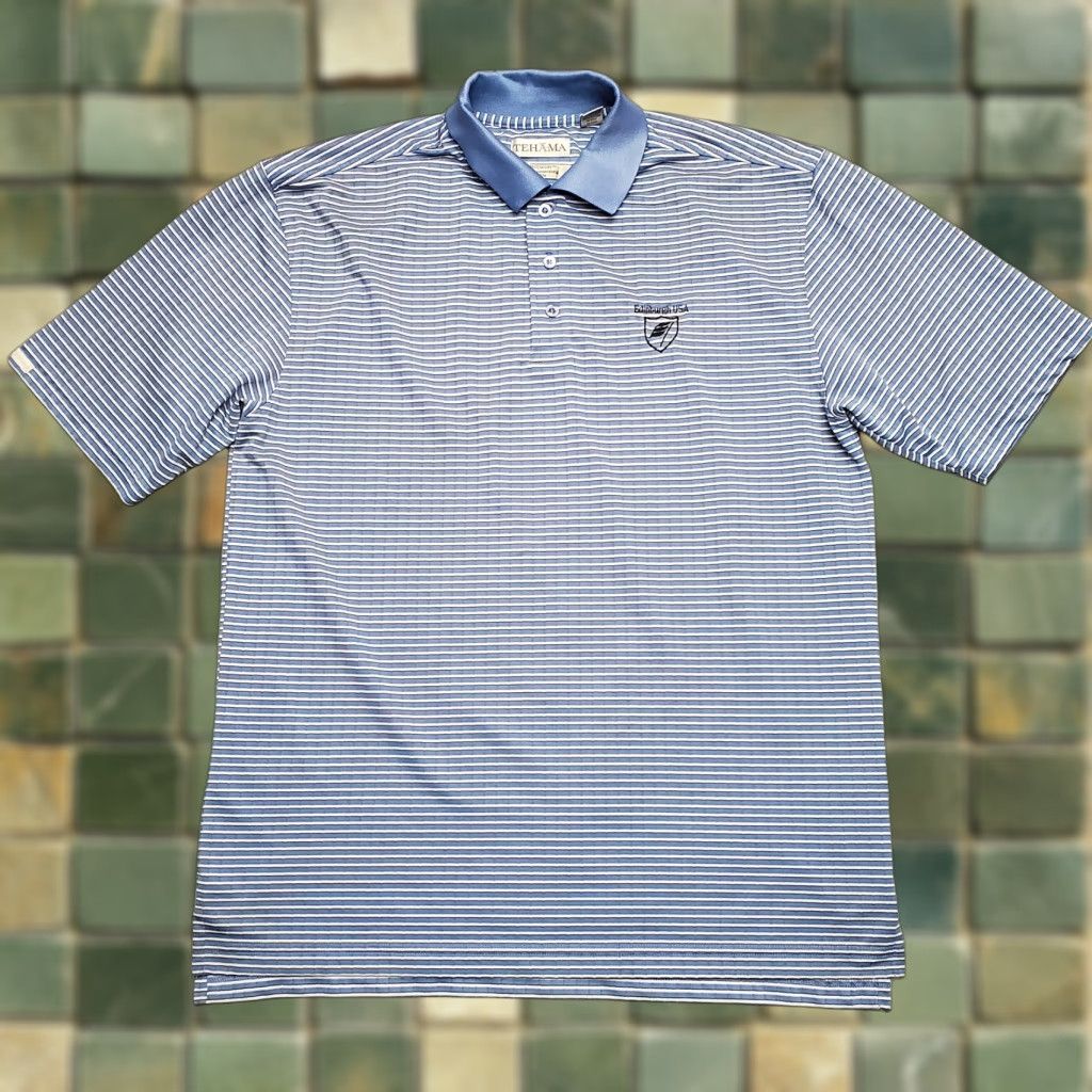 Vintage Tehama Shirt Mens L Blue Striped 100% Polyester Casual Performance Golf Polo Knit Button Collared Short Sleeve Mens Clothing Size US L / EU 52-54 / 3 - 1 Thumbnail