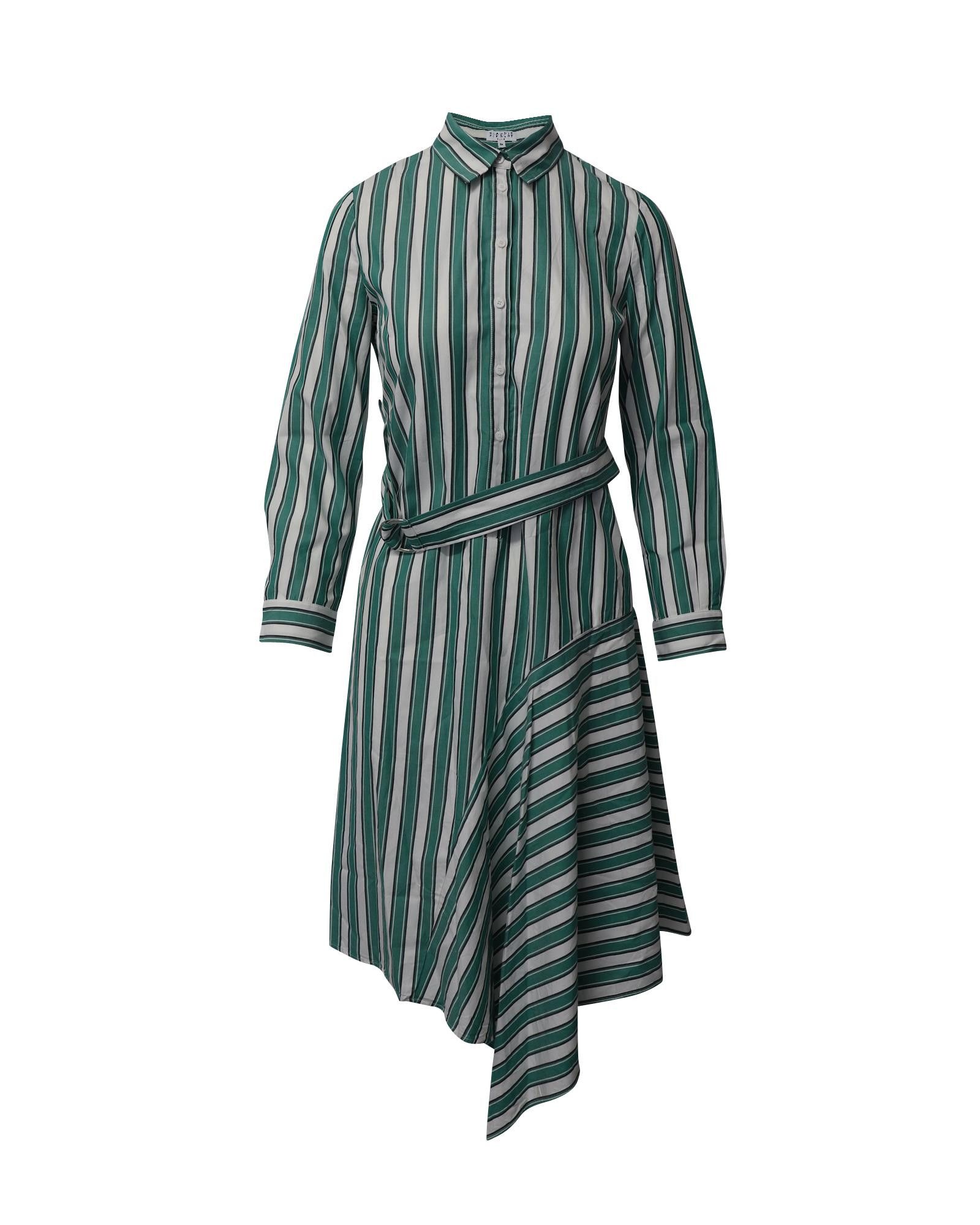 image of Claudie Pierlot Asymmetric Striped Shirt Dress In Green Cotton in Green Print, Women's (Size XS)