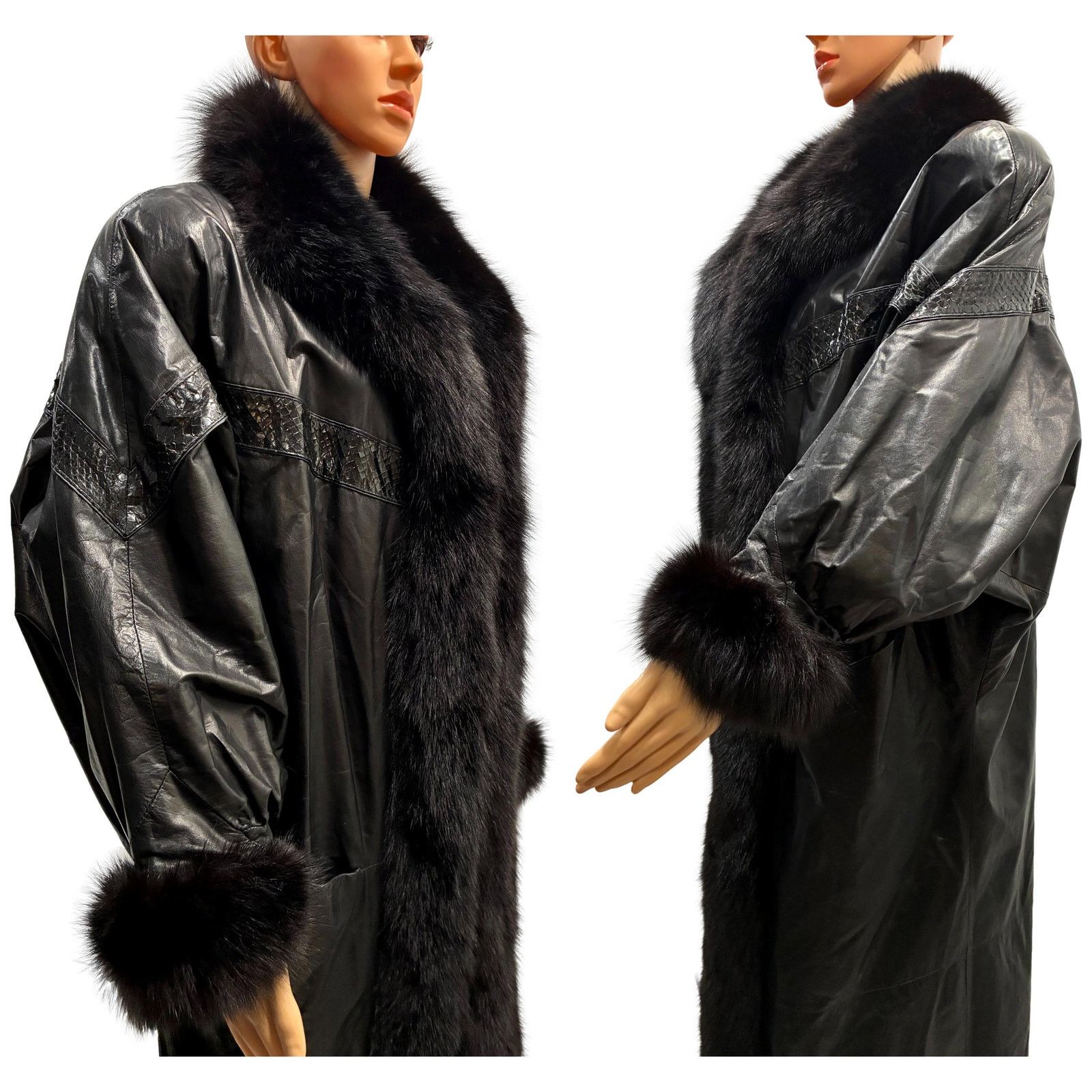 Genuine Leather 80s Leather & Fox Fur Full Length Coat w Genuine Snakeskin Size ONE SIZE - 14 Thumbnail
