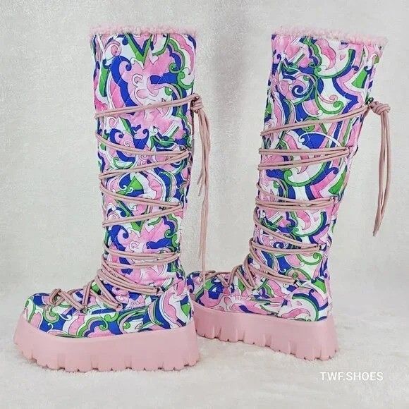 Other Winter Stomper 2" Platform Knee Boots Pink Design Fur Trim Size US 9 / IT 39 - 8 Thumbnail
