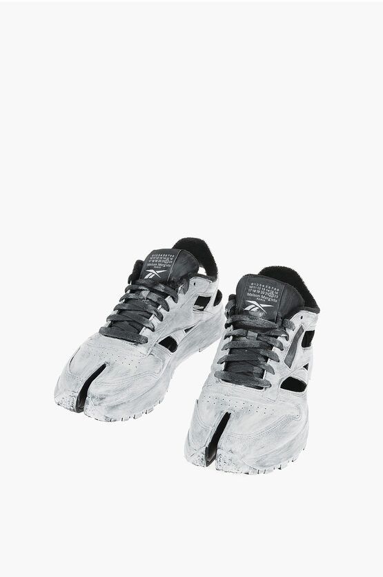 Maison Margiela Reebok Men's Paint Effect Leather TABI Sneakers with Cutout