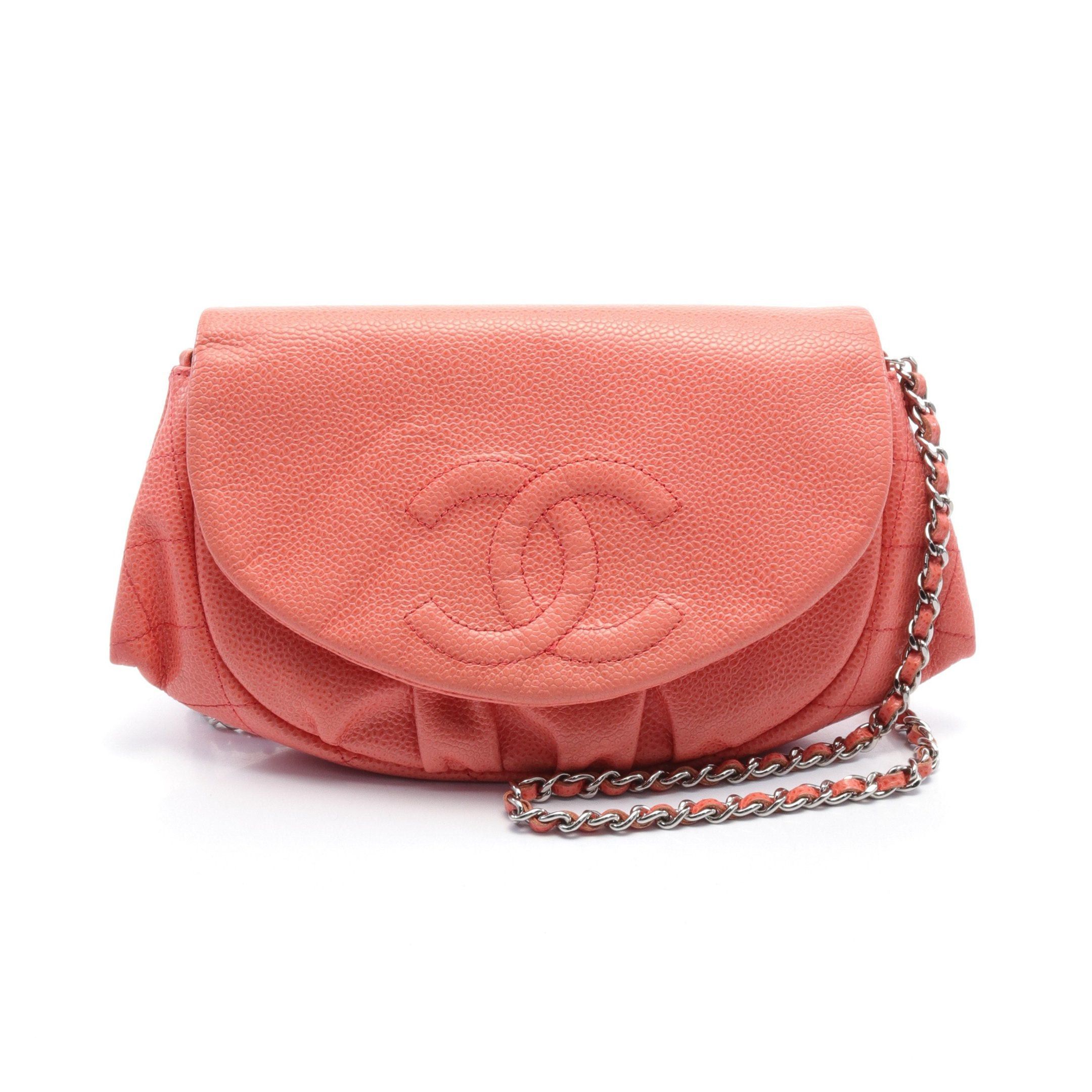 image of Chanel Half Moon Coco Mark Chain Wallet Caviar Skin Coral Pink Silver Hardware, Women's