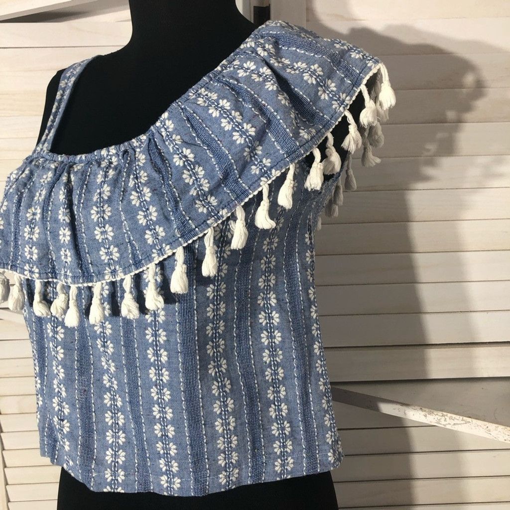 Vintage Y2K crop top boho blue white fringes embroidered ruffled S Size S / US 4 / IT 40 - 7 Thumbnail