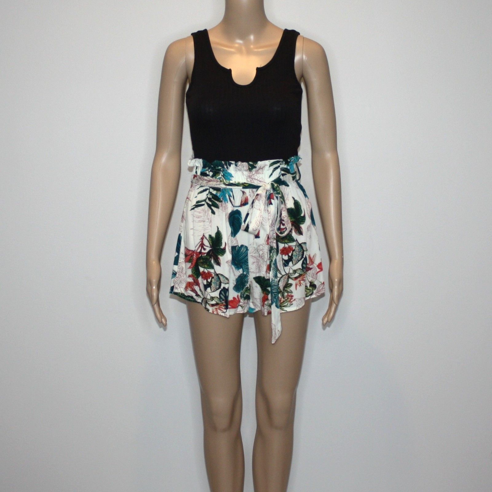Shein Vcay Tropical Print Paper Bag Waist Belted Tank Romper XS Size 26" / US 2 / IT 38 - 5 Thumbnail