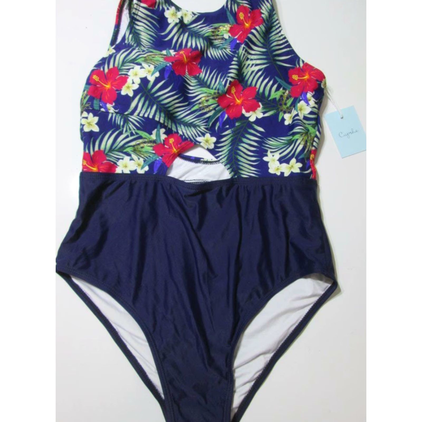 Vintage Cupshe Navy Floral One Piece Swimsuit M Lined Open Back Womens Size ONE SIZE - 2 Thumbnail