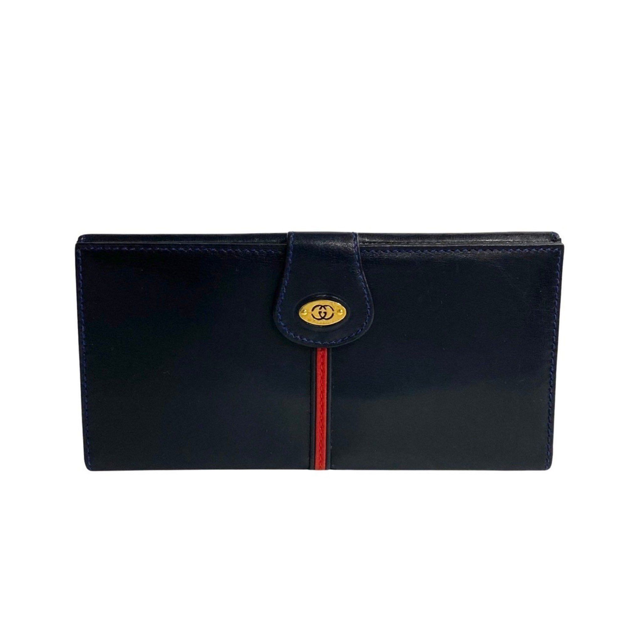 image of Gucci Old Sherry Line GG Metal Fittings Leather Body Bifold Long Wallet Navy 16048, Women's