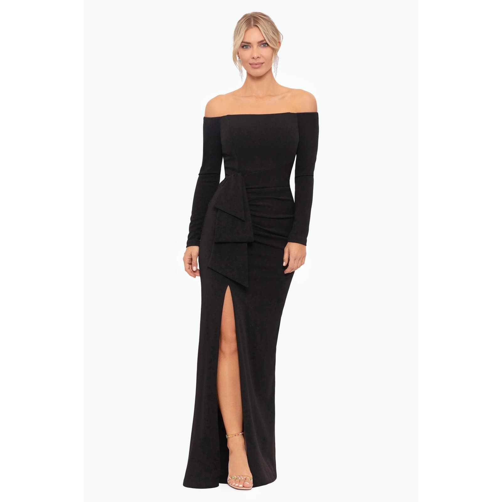 image of Xscape Nellie Black Off The Shoulder Long Sleeve Crepe Gown, Women's (Size Small)