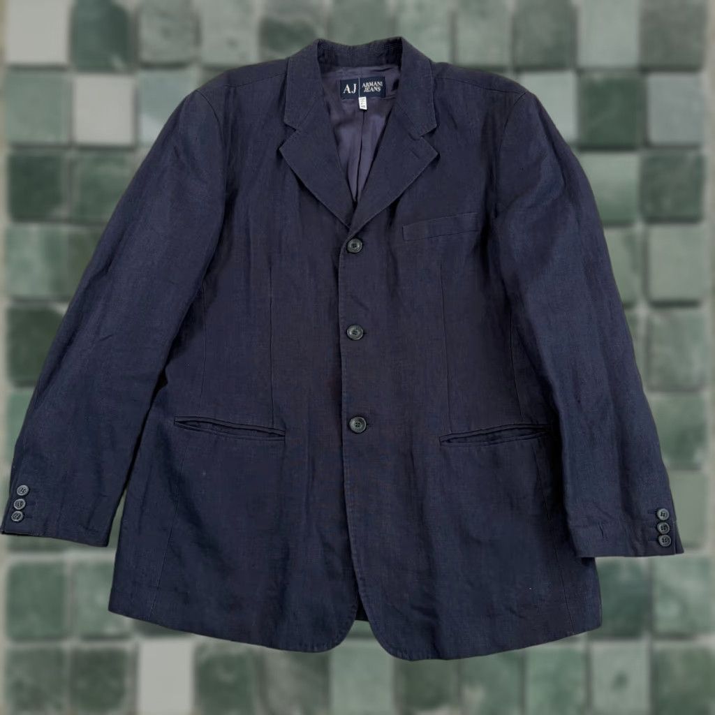 Vintage VINTAGE Armani Jeans AJ Sports Coat Blazer Jacket Men US38 Navy Hemp Three-Button Single-Breasted Notch Lapel 90s Classic Designer Preppy Italy Mens Size 46R - 1 Thumbnail