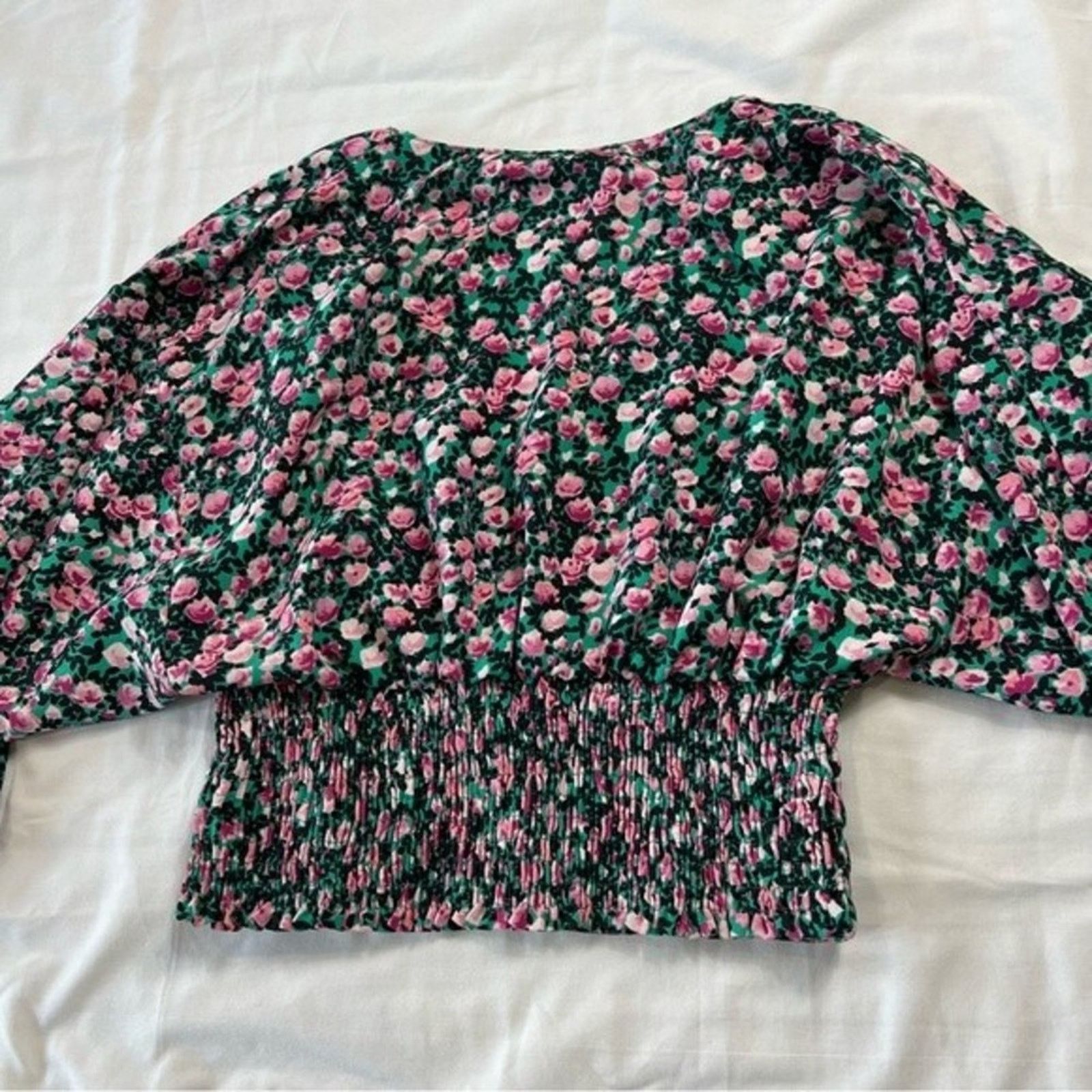 Zara Zara Women's Blouse Cropped Floral XS Teal Pink Black Size XS / US 0-2 / IT 36-38 - 4 Thumbnail