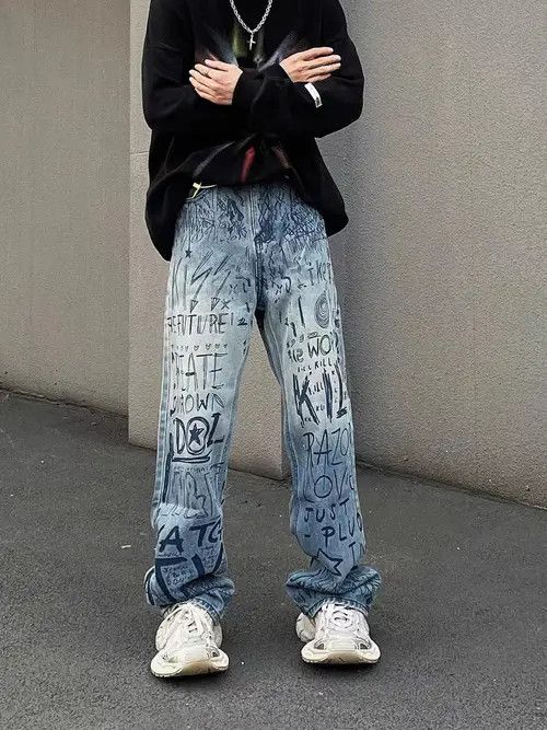 Jean High street trendy retro letter graffiti jeans Size US 30 / EU 46 - 3 Thumbnail
