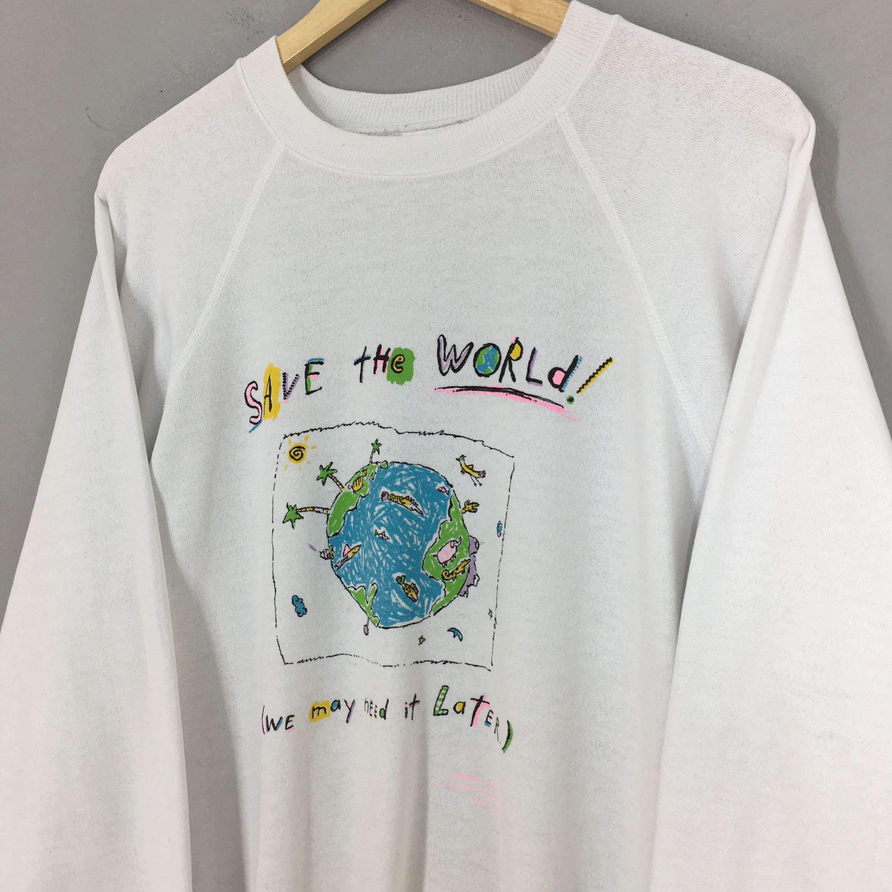 Hanes × Vintage Vintage 1990s Save The World White Sweatshirt XLarge Size US XL / EU 56 / 4 - 3 Thumbnail