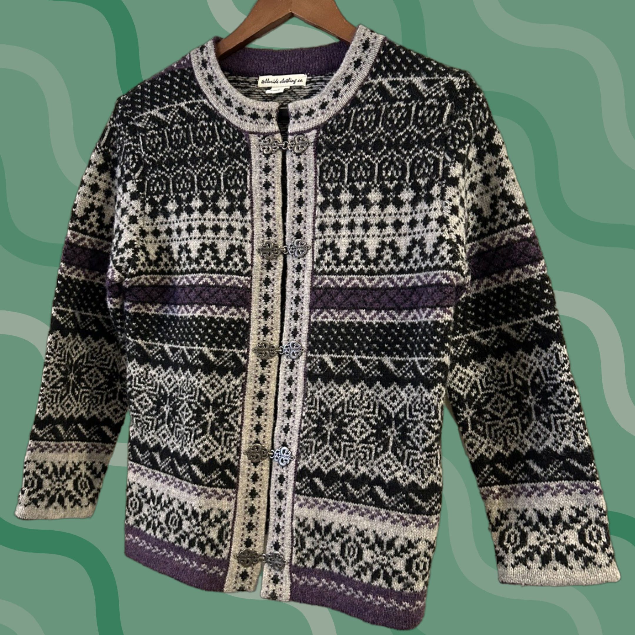 Vintage Telluride Clothing Sweater Cardigan Women’s Purple Black Fair Isle Wool S Small Long Sleeve Round Neck Size S / US 4 / IT 40 - 1 Thumbnail