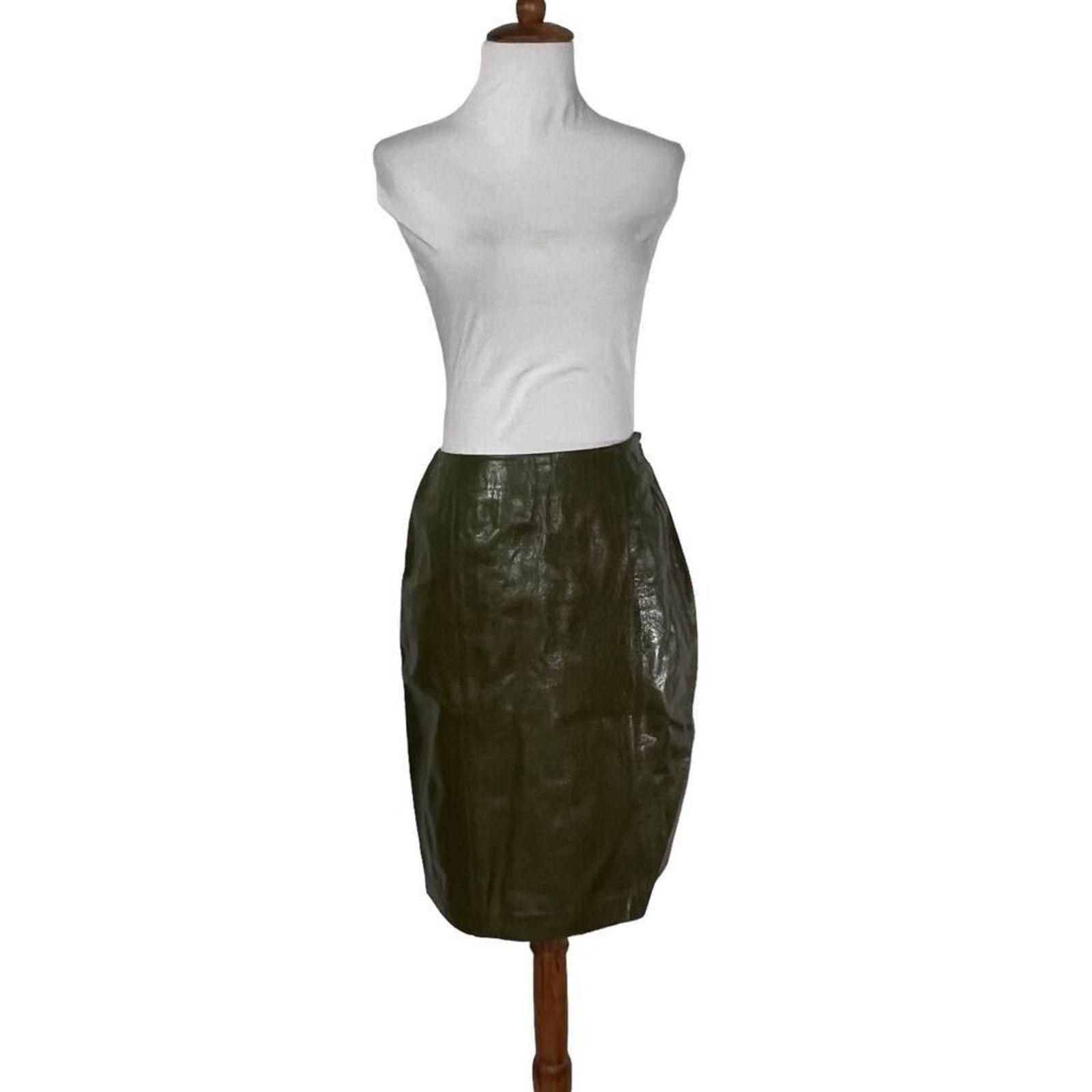Ellen Tracy Vintage 80s Linda Allard Olive Green Leather skirt 4 Petite Size 27" / US 4 / IT 40 - 3 Thumbnail