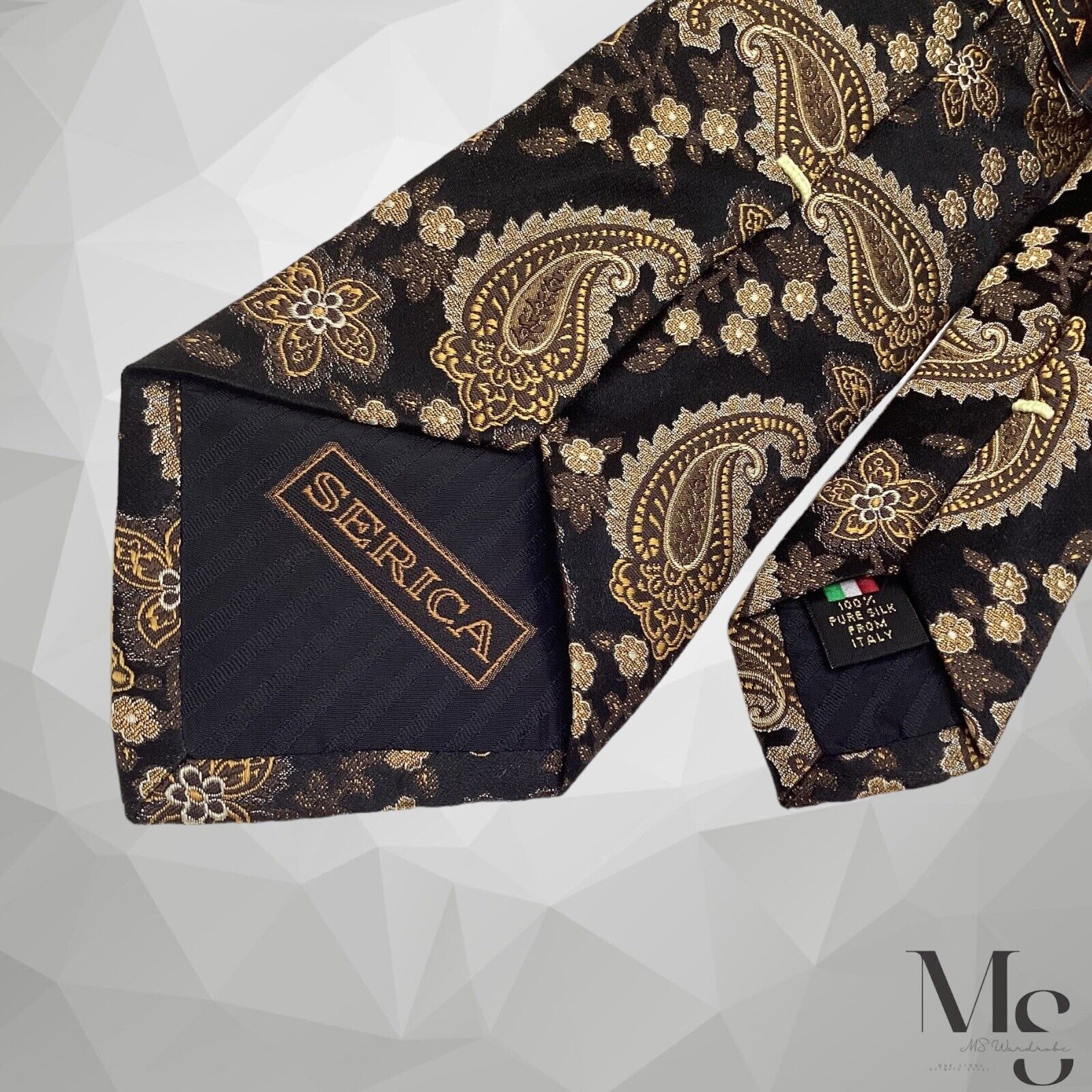 Serica SERICA Black Brown Paisley Silk Tie Made In Italy W: 3.5" EX Size ONE SIZE - 5 Thumbnail