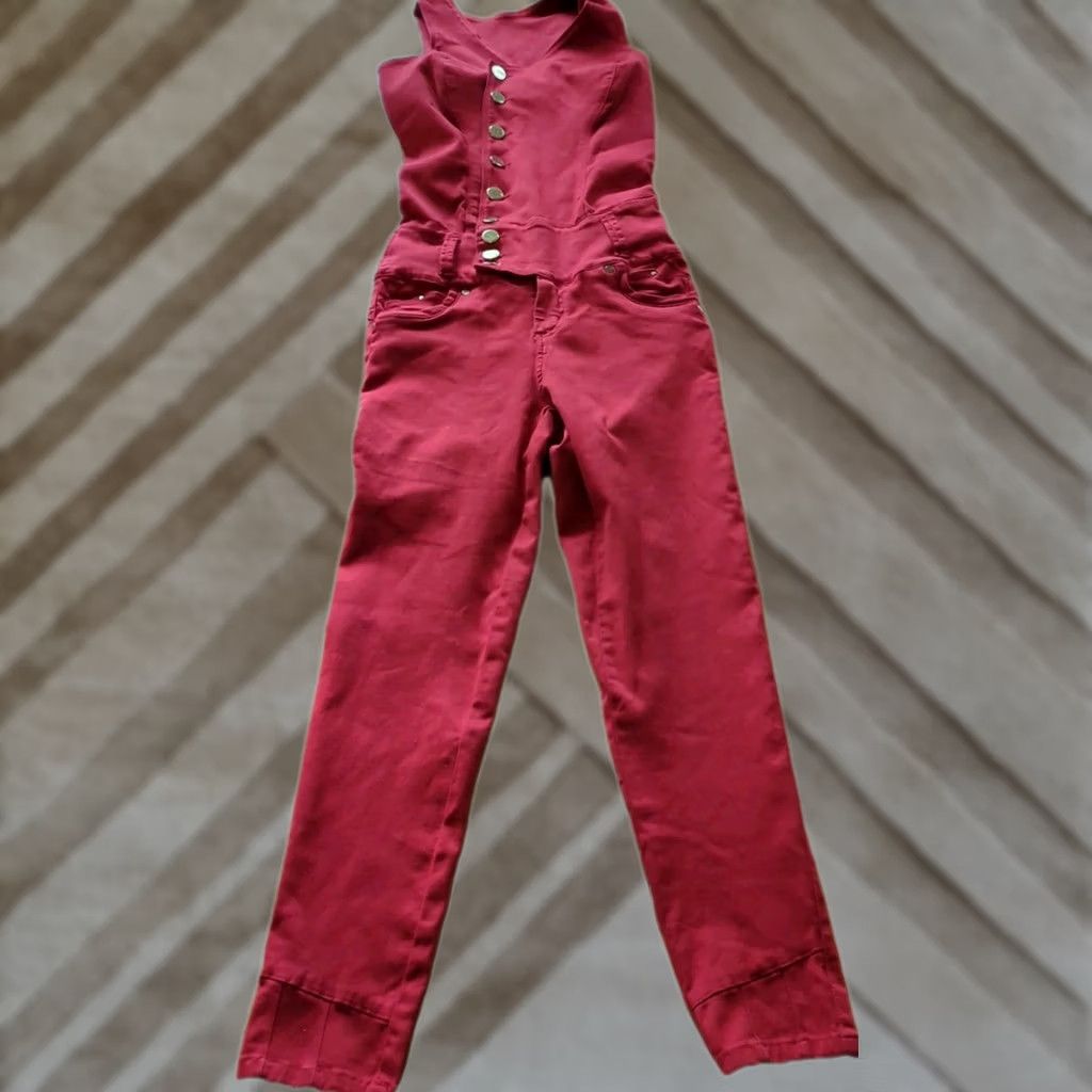 Vintage CHNT Red Overalls Jeans Women 12 Slim Stretch Pockets Button Zip Inseam 26 Latin Club Sexy Size 34" / US 12 / IT 48 - 1 Thumbnail