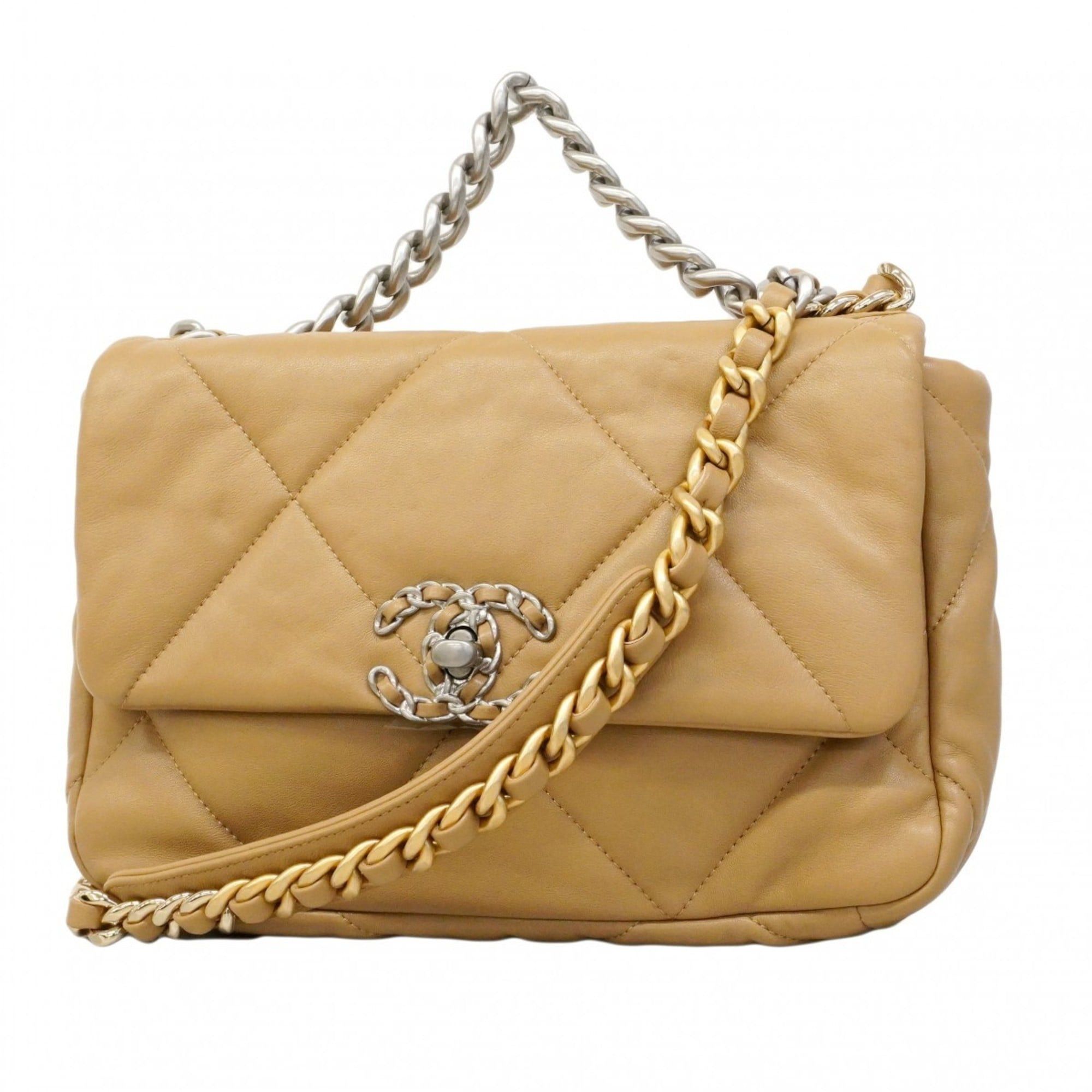 Chanel 19 Leather Handbag with Chain Shoulder Strap Light Brown and Gold 2-Way Bag for Women