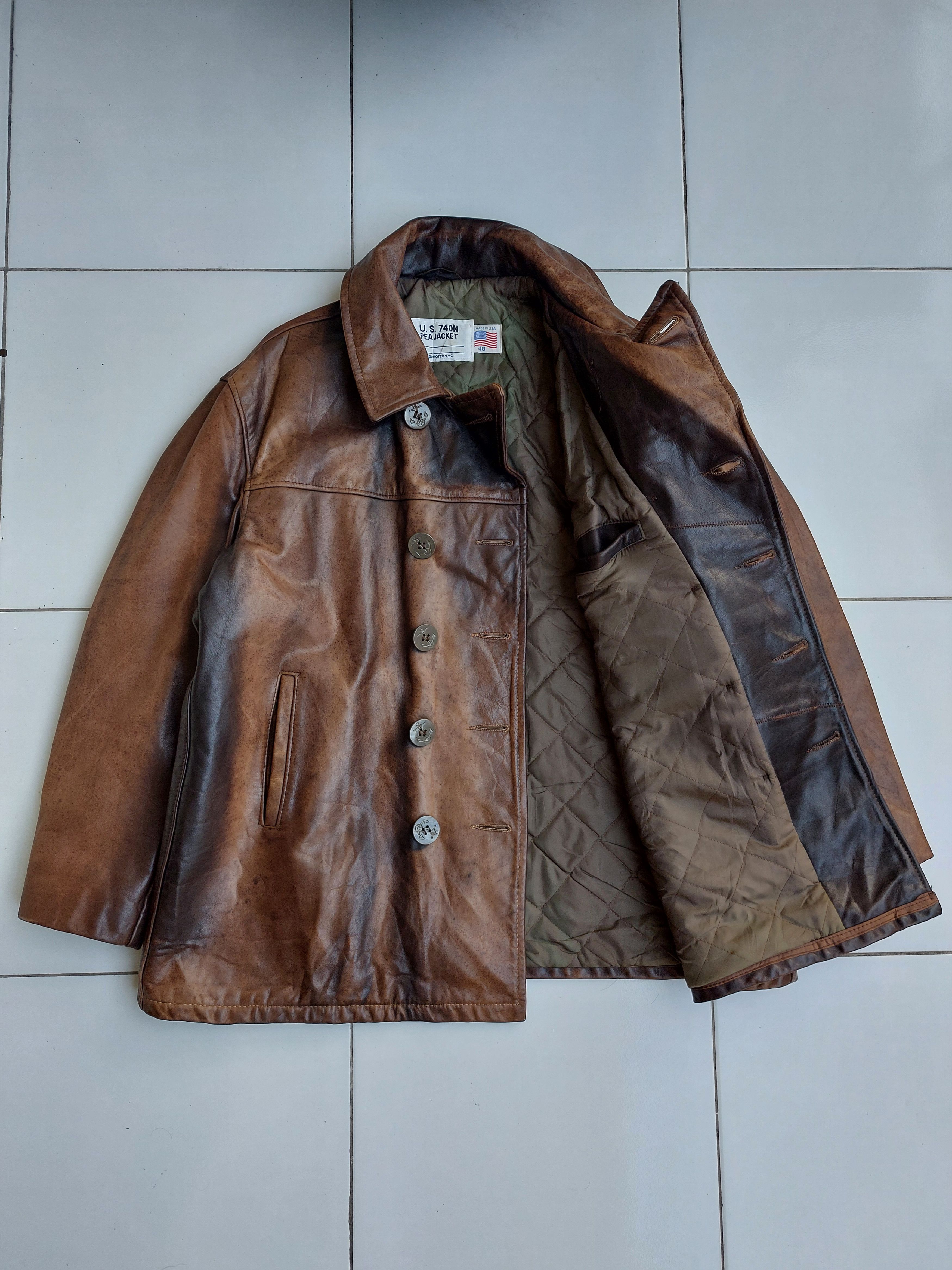 Schott SCHOTT 740N PEA COAT VINTAGE LEATHER JACKET Size US XL / EU 56 / 4 - 4 Thumbnail