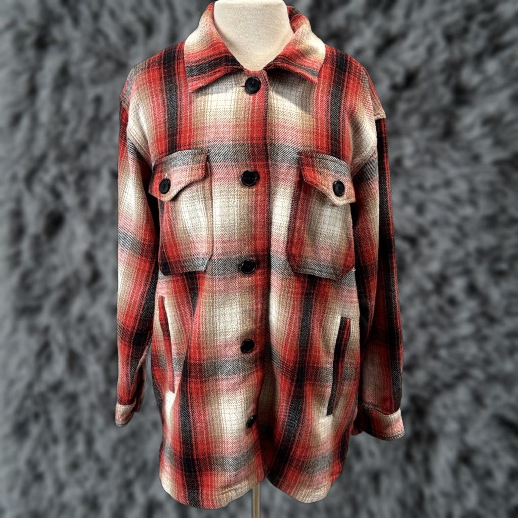 LUCKY BRAND Plaid Shacket Jacket Outdoor Casual Regular Medium Red Womens