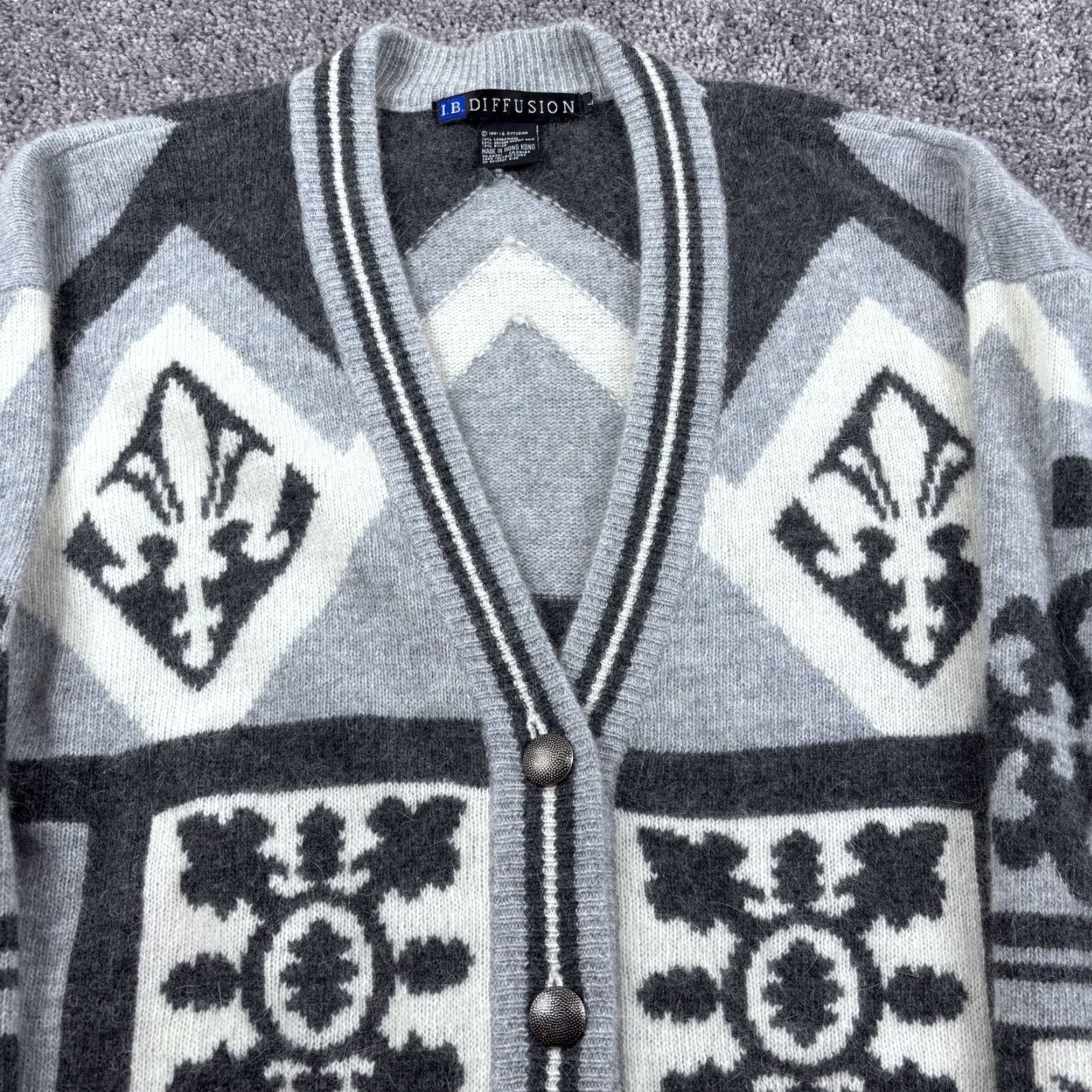 Vintage VINTAGE IB Diffusion Cardigan Sweater Womens L Gray Geometric 1991 Rabbit Hair Size L / US 10 / IT 46 - 2 Thumbnail