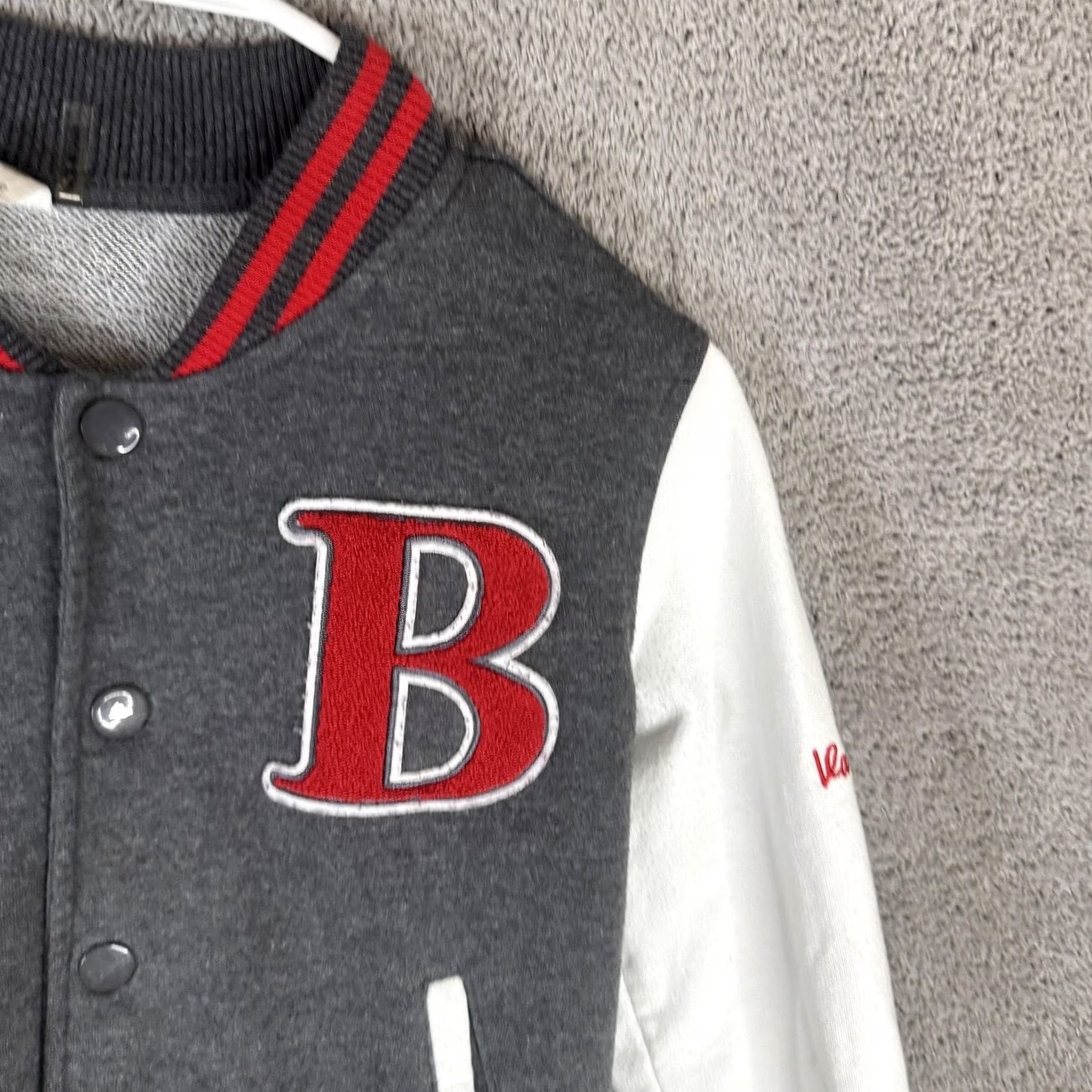 Vintage Love Tree Varsity Jacket Juniors M Gray White Letter B Snap Front Fleece Size M / US 6-8 / IT 42-44 - 4 Thumbnail