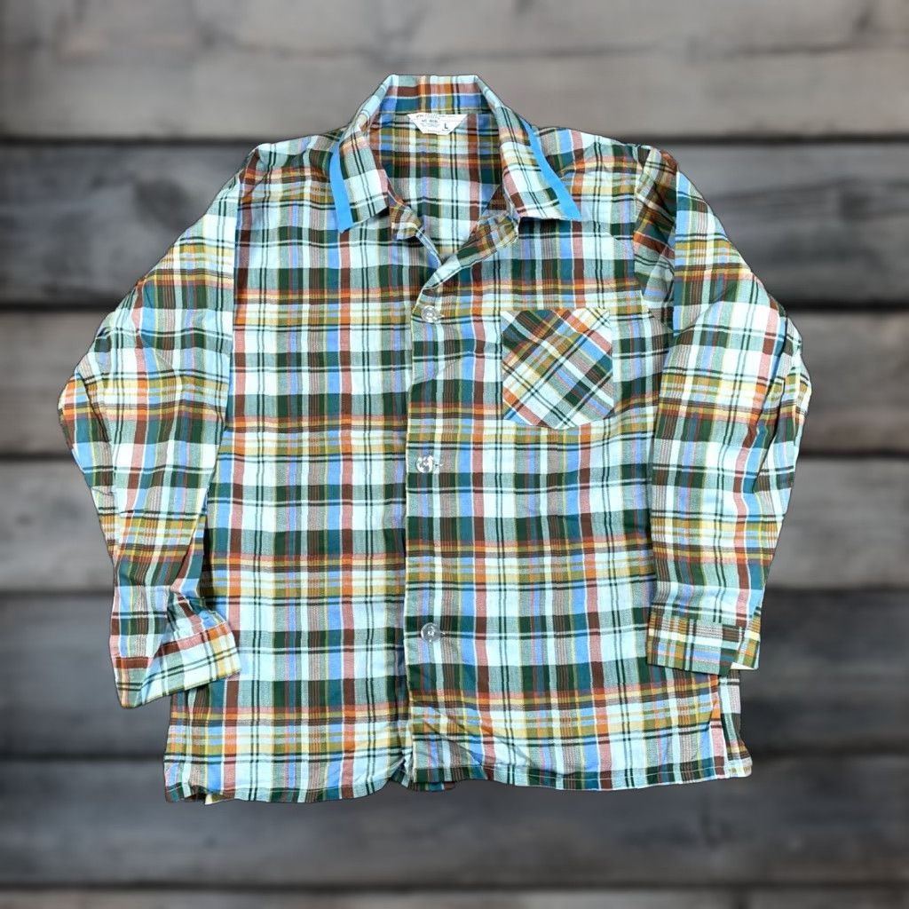 Vintage VINTAGE J. C. Penney Plaid Pajama Shirt Camp Collar Long Sleeve Button Front Lightweight 50/50 Blue Brown Check Adult Large Mens Pajama Top Size US L / EU 52-54 / 3 - 1 Thumbnail