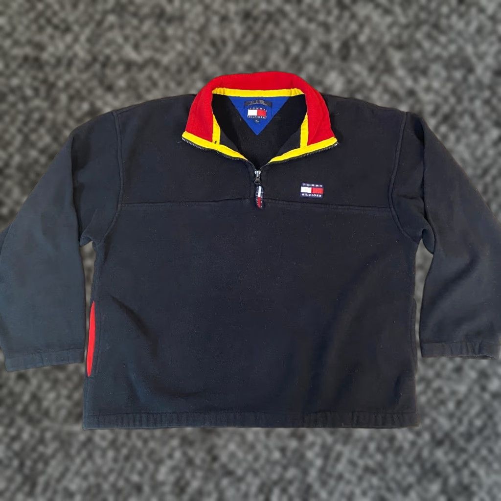 Tommy Hilfiger VINTAGE Tommy Hilfiger Mens Black Fleece 1/4 Zip Pullover Sweatshirt XL Size US XL / EU 56 / 4 - 1 Thumbnail