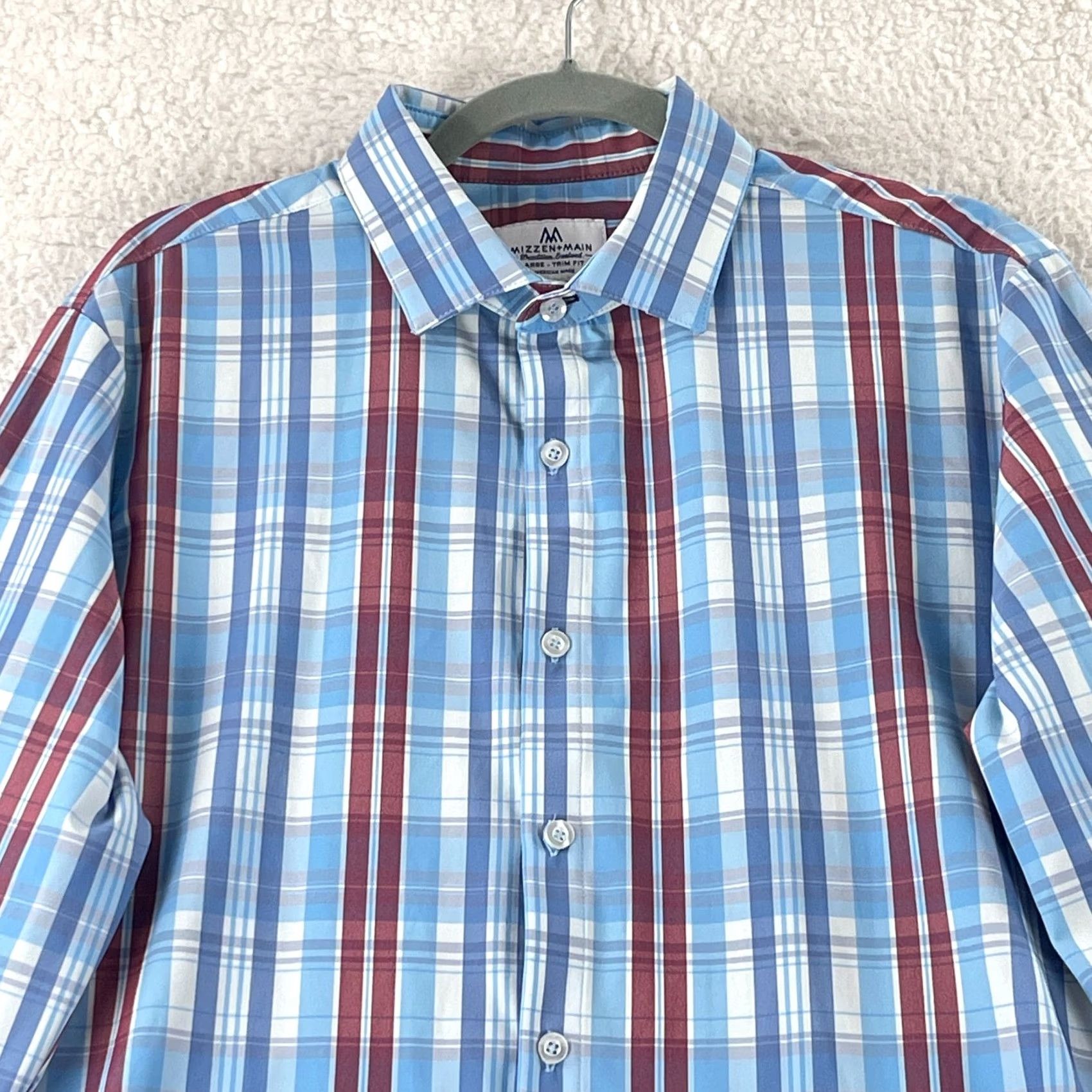 Mizzen+Main Mizzen+Main Button-Up Shirt Mens Large Blue Plaid USA Made Trim Fit Size US L / EU 52-54 / 3 - 3 Thumbnail