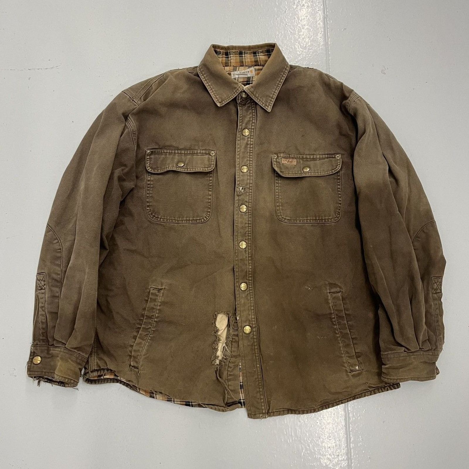 Carhartt Vintage Y2k Carhartt Brown Denim Distressed Shirt Jacket Size US L / EU 52-54 / 3 - 1 Thumbnail