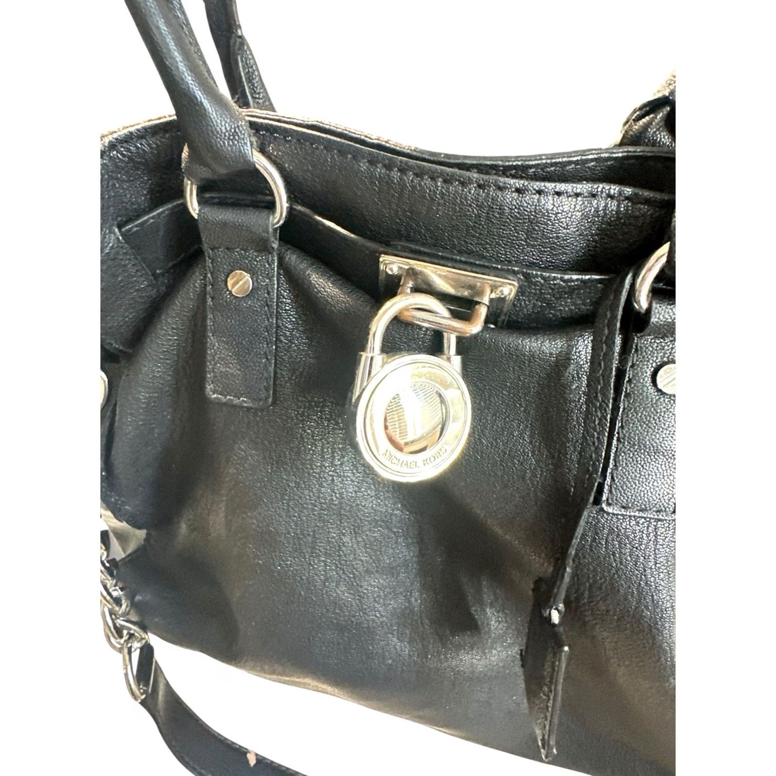 Michael Kors Michael Kors Hamilton Satchel Tote Bag Large Black Pebbled Leather Silver Lock Chain Women Size ONE SIZE - 4 Thumbnail