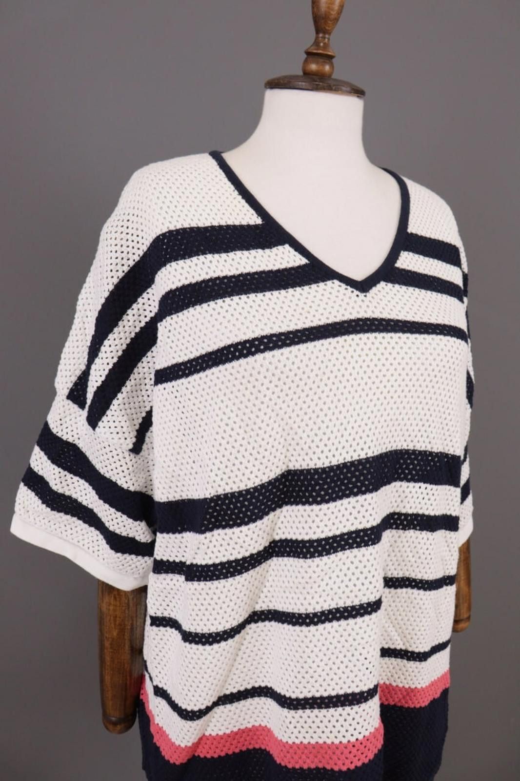 Saint James Saint James White Striped V-Neck Tunic Shirt Size US 18 LXL Size XXL / US 16-18 / IT 52-54 - 7 Thumbnail