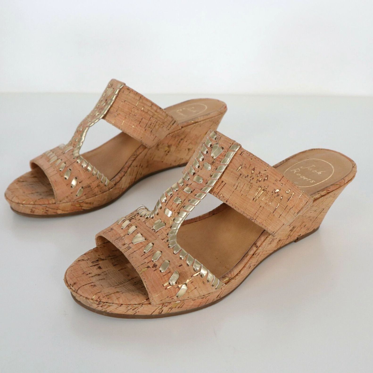 image of Jack Rogers Wedge Sandal Nora Womens 9M Cork Gold Whip Lacing T-Strap in White