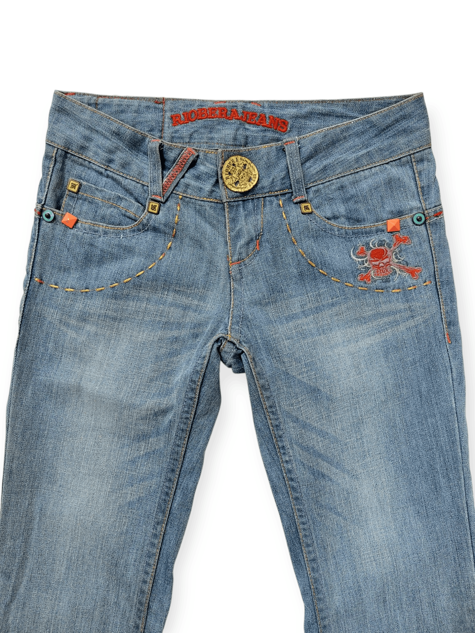 Vintage ☠️ Embroidery Skulls And Eagles Back Pocket Riobera Jeans Size 26" / US 2 / IT 38 - 4 Thumbnail