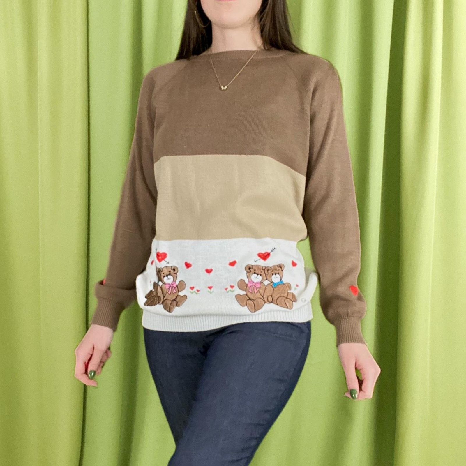 Vintage 80s Vintage White Tan and Brown Heart Teddy Bear Sweater Size L / US 10 / IT 46 - 2 Thumbnail